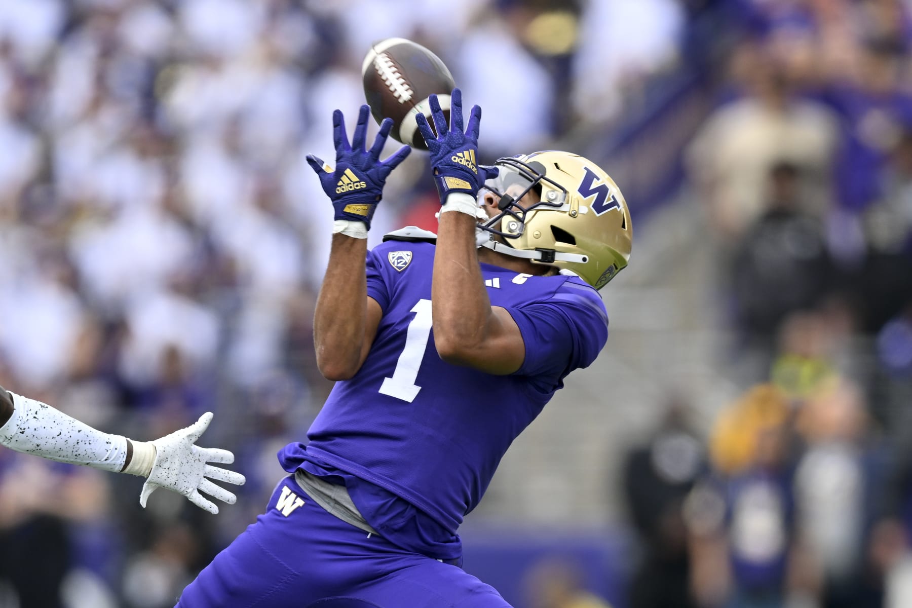 SEATTLE, WASHINGTON - OCTOBER 14: Rome Odunze #1 of the Washington Huskies catches a ball during the first quarter against the Oregon Ducks at Husky Stadium on October 14, 2023 in Seattle, Washington. (Photo by Alika Jenner/Getty Images)