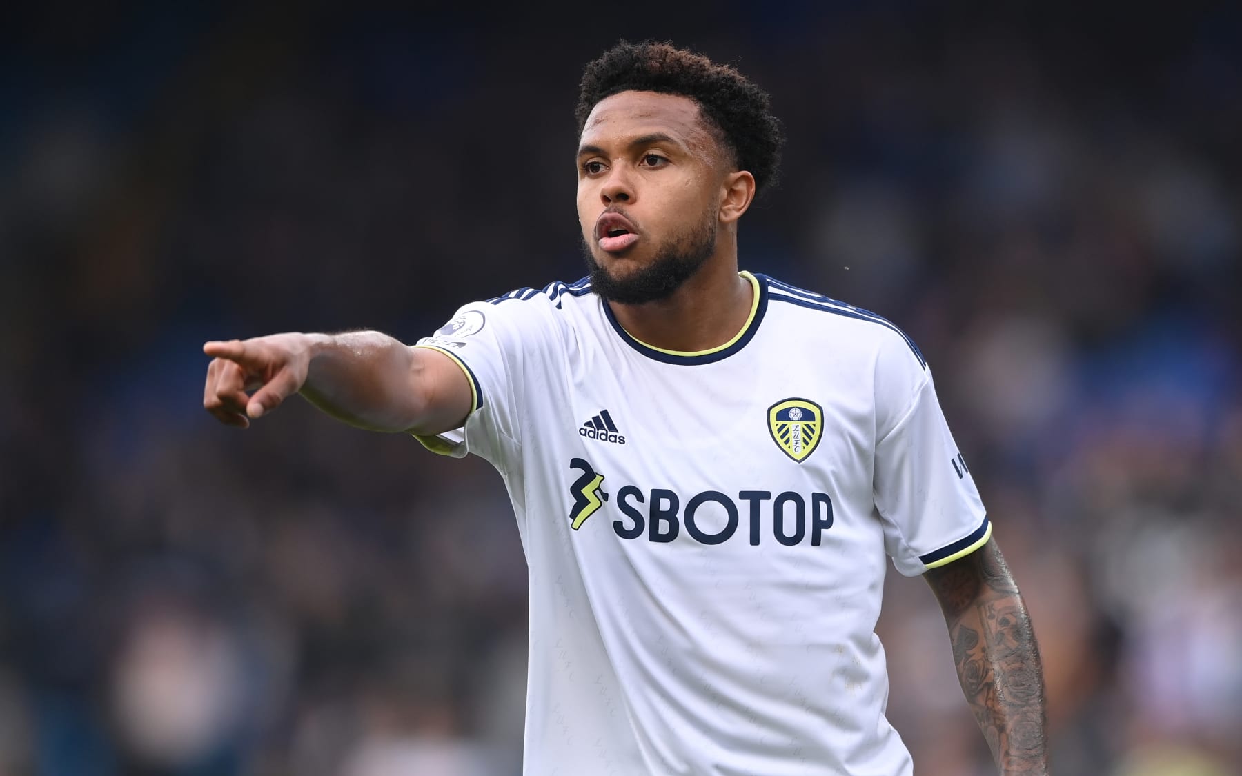 LEEDS, ENGLAND - APRIL 09: Leeds player Weston McKennie reacts during the Premier League match between Leeds United and Crystal Palace at Elland Road on April 09, 2023 in Leeds, England. (Photo by Stu Forster/Getty Images)