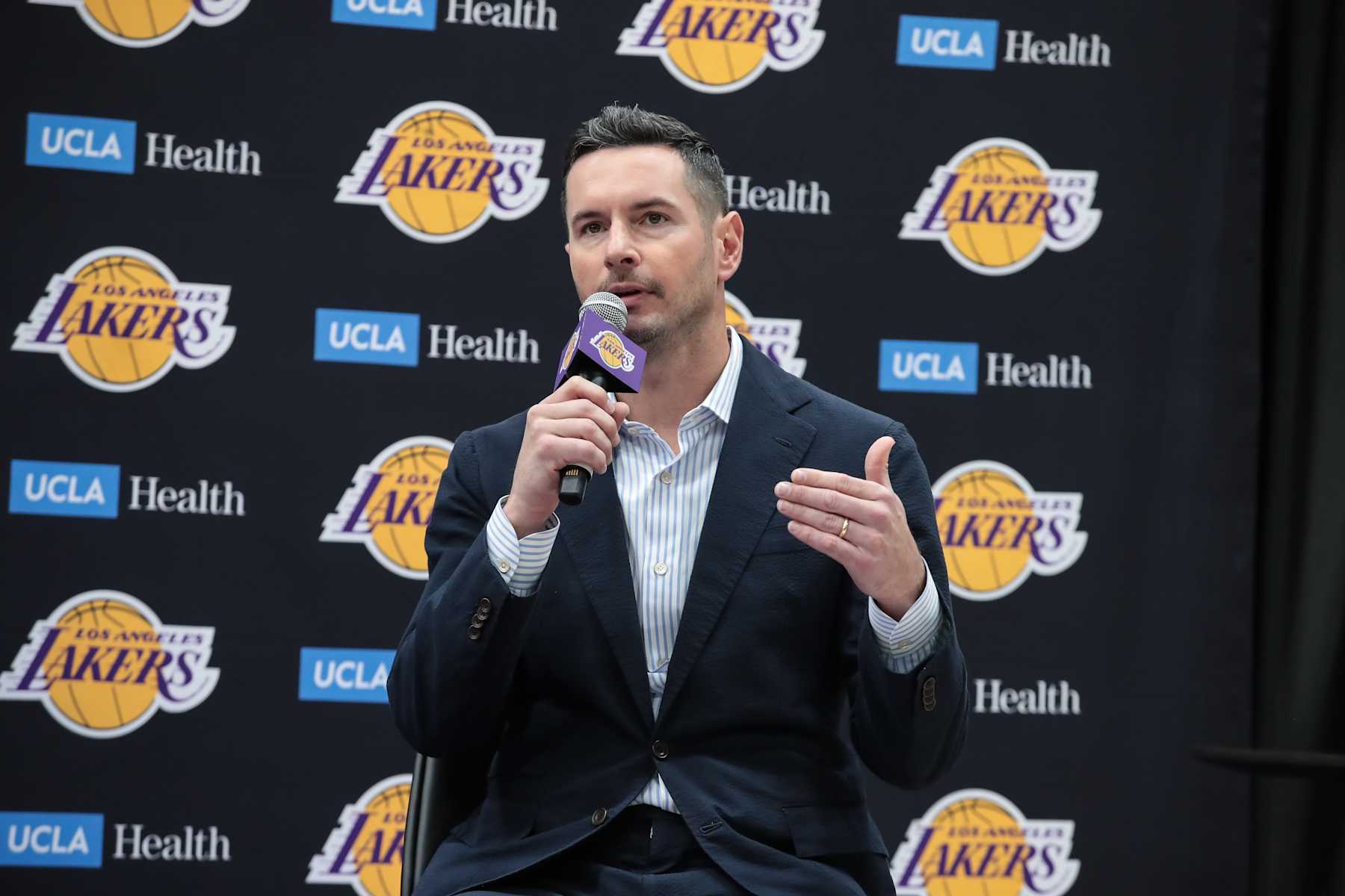 EL SEGUNDO, CA - JULY 02:  Los Angeles Lakers head coach J.J. Redick answers during the Los Angeles Lakers welcome press conference for their NBA Draft picks on July 02, 2024, at UCLA Health Training Center in El Segundo, CA. (Photo by Jevone Moore/Icon Sportswire via Getty Images)