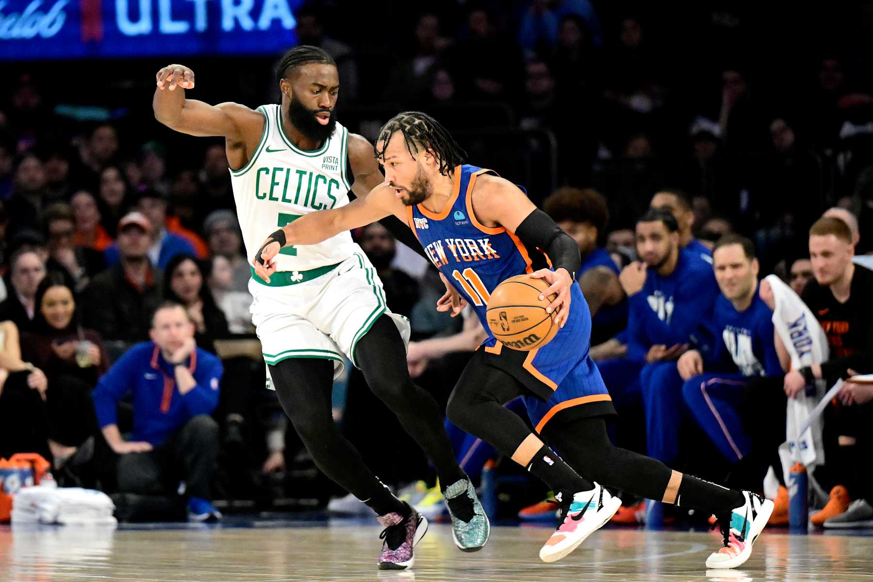 NEW YORK, NEW YORK - FEBRUARY 24:  Jalen Brunson #11 of the New York Knicks is defended by Jaylen Brown #7 of the Boston Celtics during the first half at Madison Square Garden on February 24, 2024 in New York City. (Photo by Steven Ryan/Getty Images)