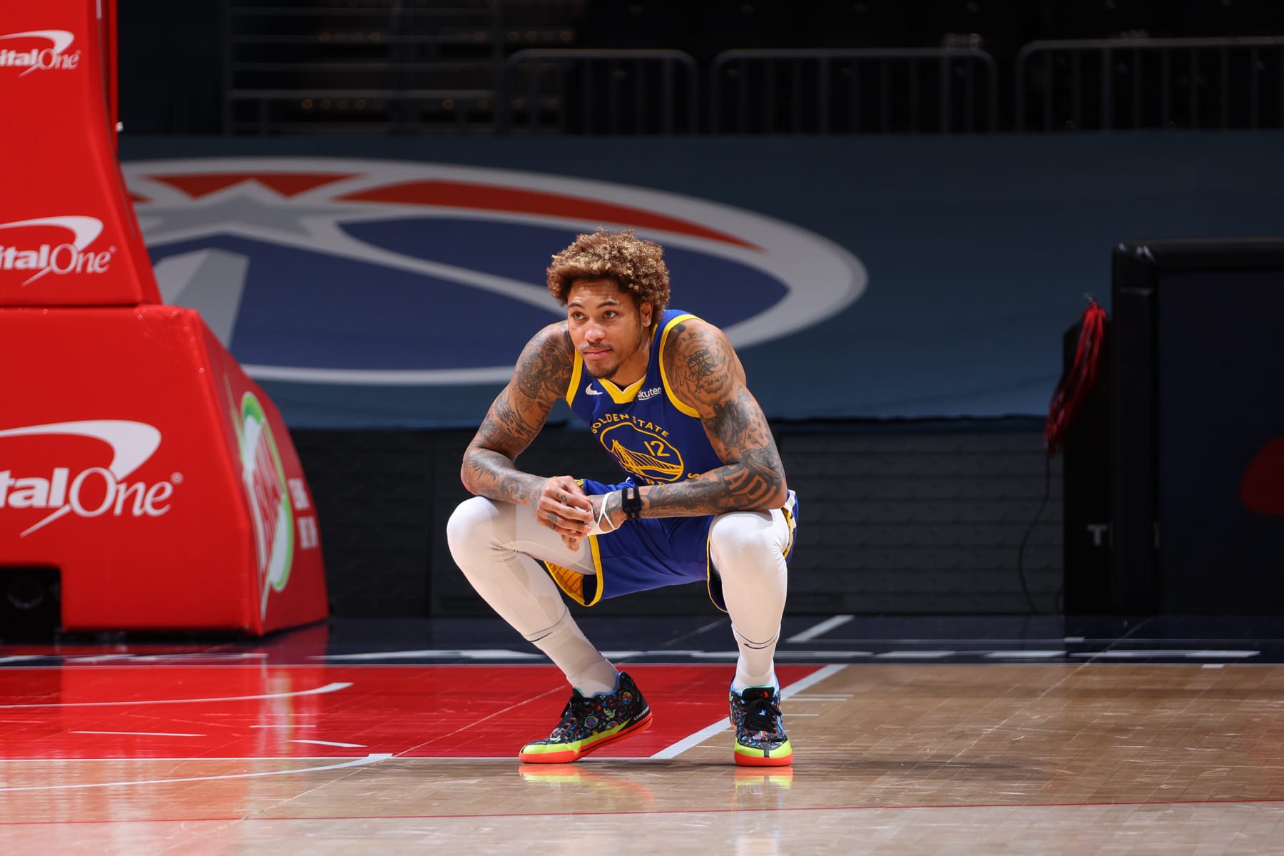 WASHINGTON, DC -  APRIL 21: Kelly Oubre Jr. #12 of the Golden State Warriors looks on during the game against the Washington Wizards on April 21, 2021 at Capital One Arena in Washington, DC. NOTE TO USER: User expressly acknowledges and agrees that, by downloading and or using this Photograph, user is consenting to the terms and conditions of the Getty Images License Agreement. Mandatory Copyright Notice: Copyright 2021 NBAE (Photo by Ned Dishman/NBAE via Getty Images)