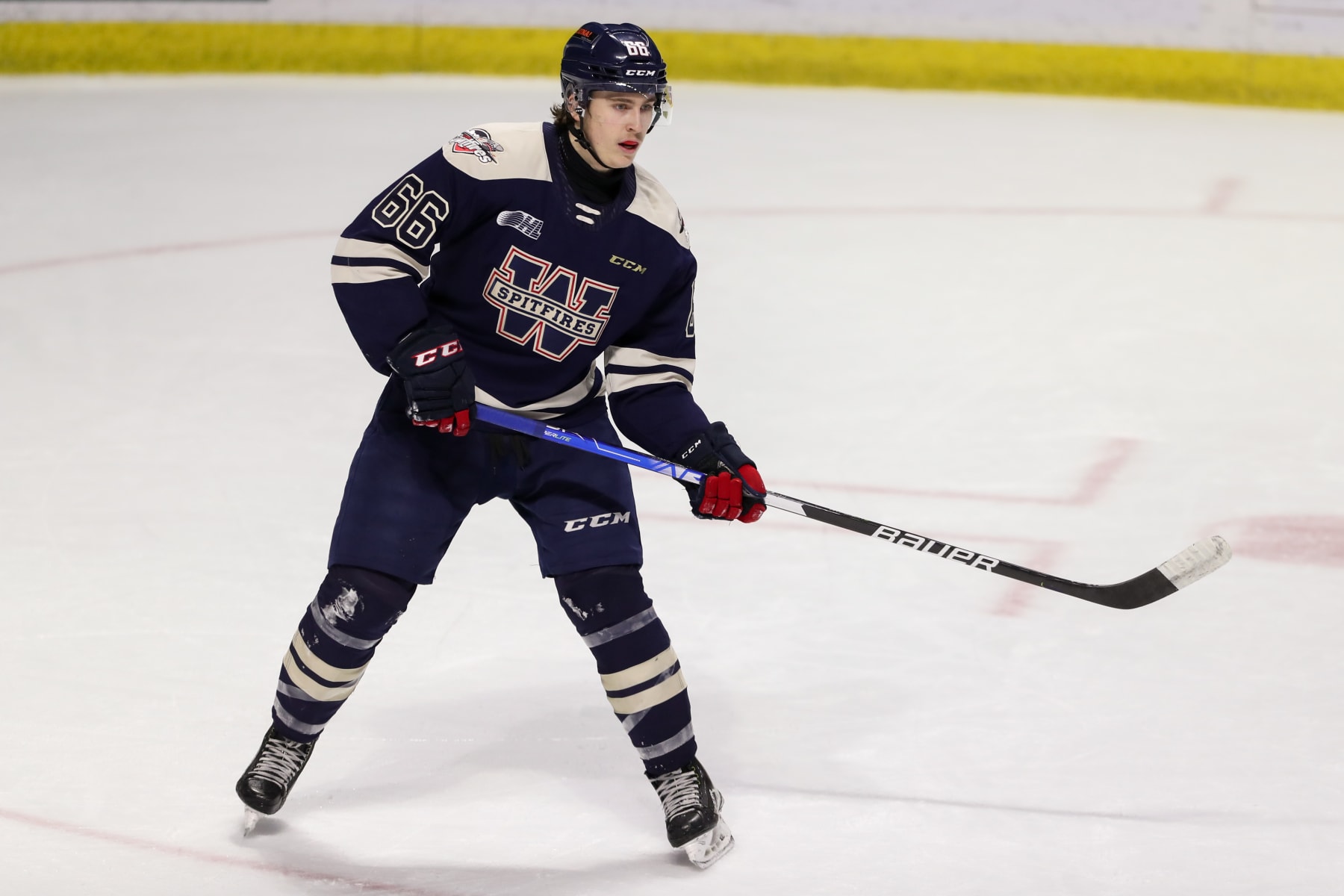 WINDSOR, ONTARIO - MARCH 04: Forward Liam Greentree #66 of the Windsor Spitfires skates against the Sarnia Sting at WFCU Centre on March 04, 2023 in Windsor, Ontario. (Photo by Dennis Pajot/Getty Images)