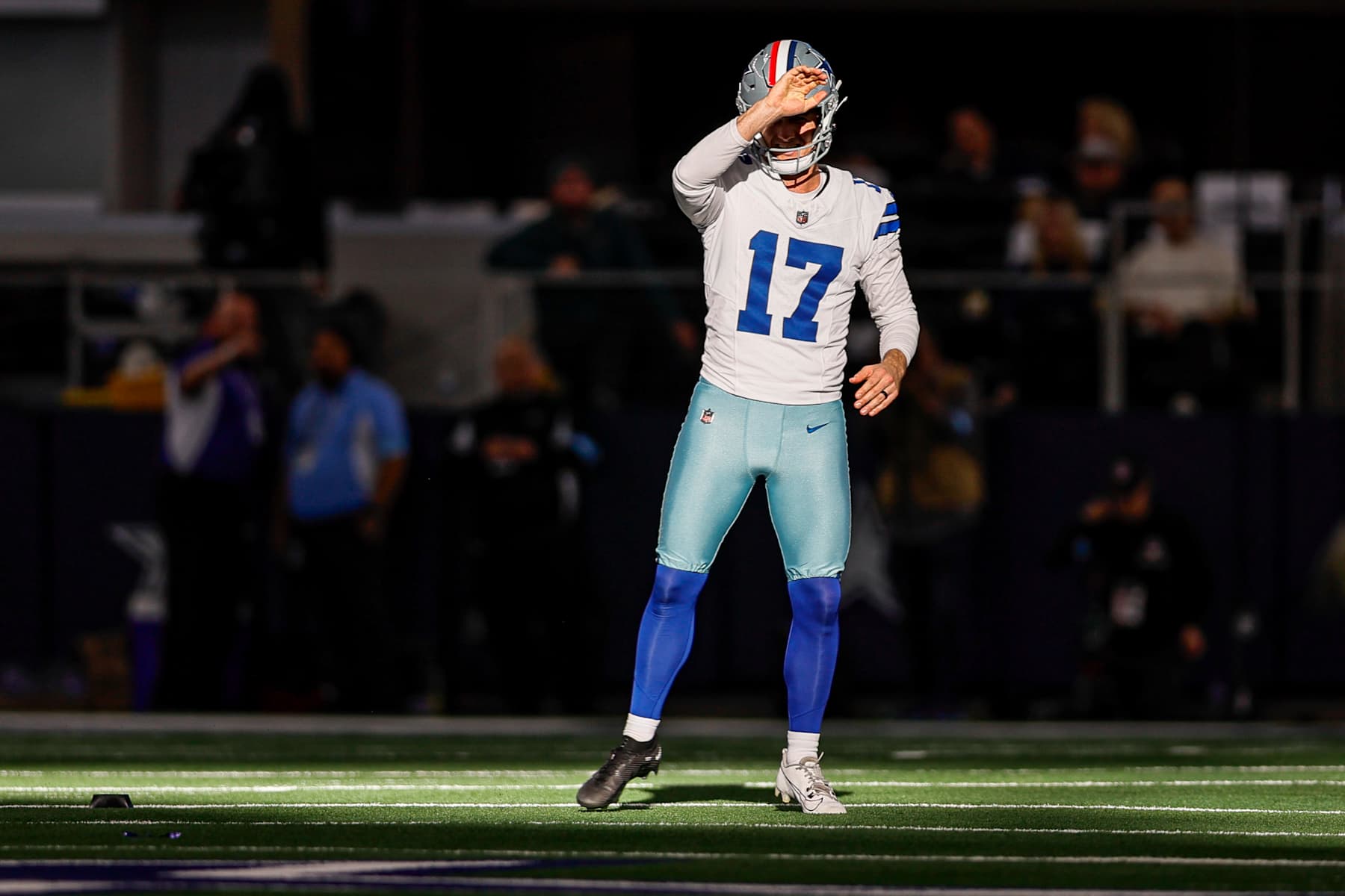 ARLINGTON, TX - NOVEMBER 10: Dallas Cowboys place kicker Brandon Aubrey (17) tries to block the sun before a kickoff during the game between the Dallas Cowboys and the Philadelphia Eagles on November 10, 2024 at AT&T Stadium in Arlington, Texas. (Photo by Matthew Pearce/Icon Sportswire via Getty Images)