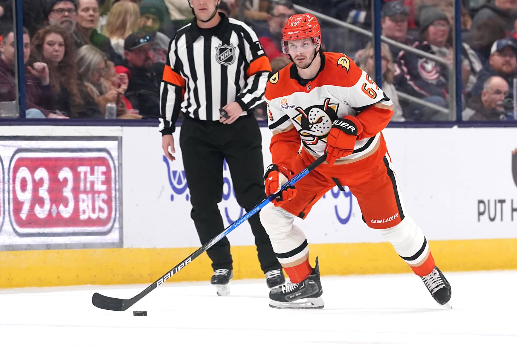 COLUMBUS, OHIO - DECEMBER 14: Jacob Trouba #65 of the Anaheim Ducks seen in action during the game against the Columbus Blue Jackets at Nationwide Arena on December 14, 2024 in Columbus, Ohio. (Photo by Jason Mowry/Getty Images)