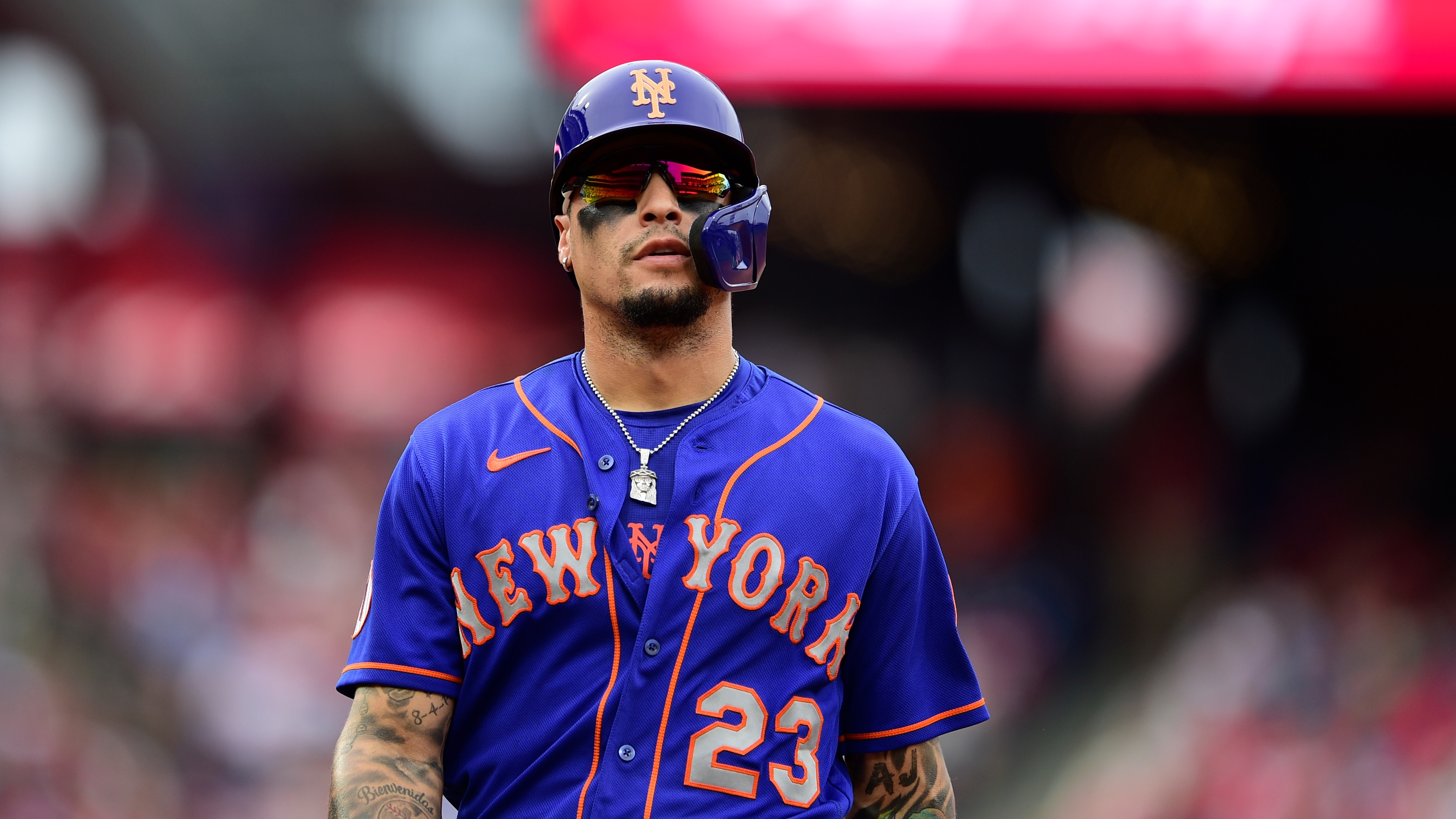 New York Mets' Javier Baez in action during a baseball game against the Philadelphia Phillies, Saturday, Aug. 7, 2021, in Philadelphia. (AP Photo/Derik Hamilton)