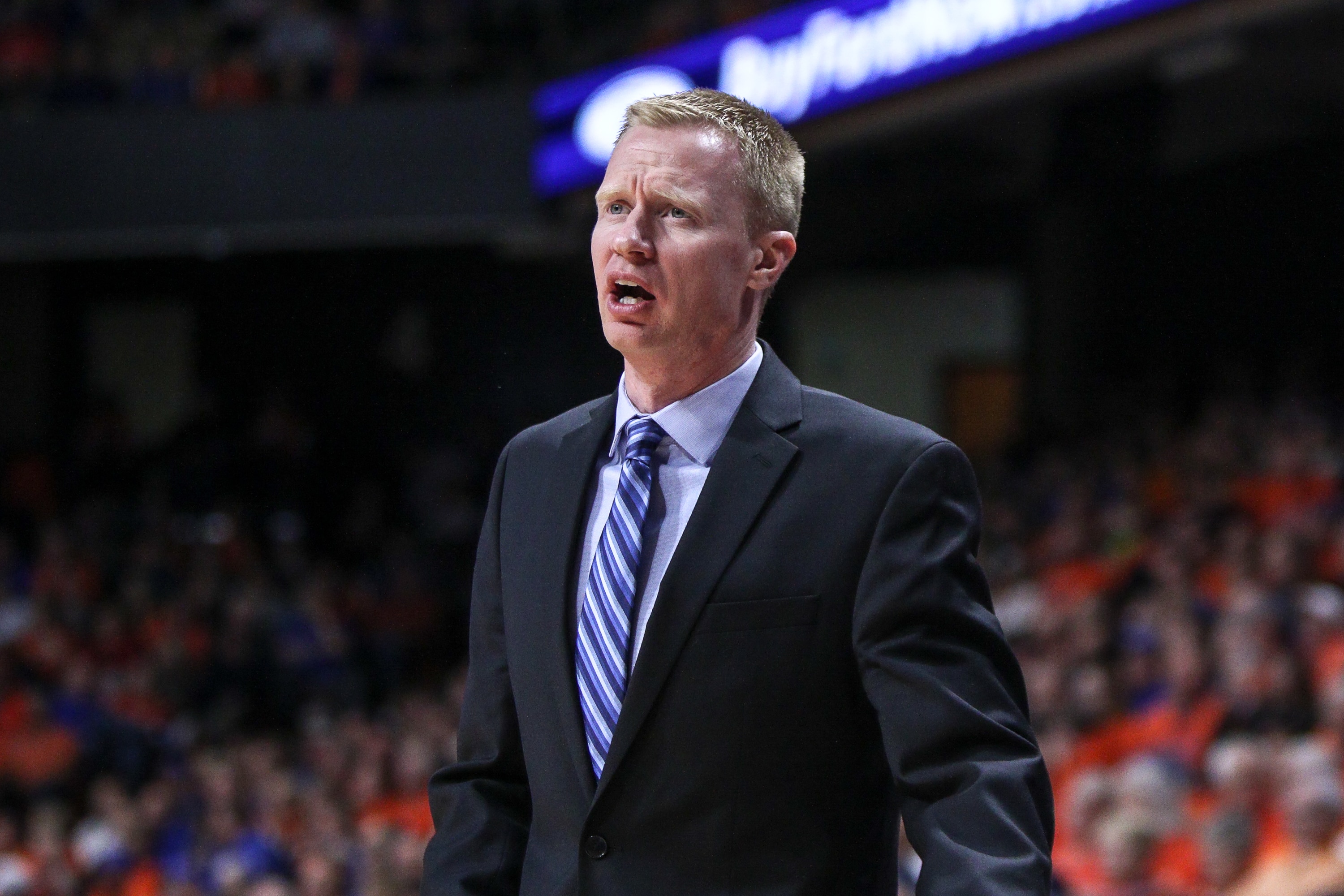 BOISE, ID - FEBRUARY 03: Associate head coach Phil Beckner of the Boise State Broncos instructing his team during second half action against the UNLV Rebels on February 03, 2018 at Taco Bell Arena in Boise, Idaho. Boise State won the game 93-91 in overtime. (Photo by Loren Orr/Getty Images)