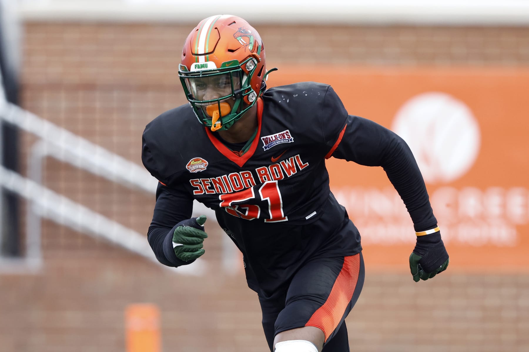 American linebacker Isaiah Land of Florida A&M (51) runs through drills during practice for the Senior Bowl NCAA college football game Thursday, Feb. 2, 2023, in Mobile, Ala.. (AP Photo/Butch Dill)