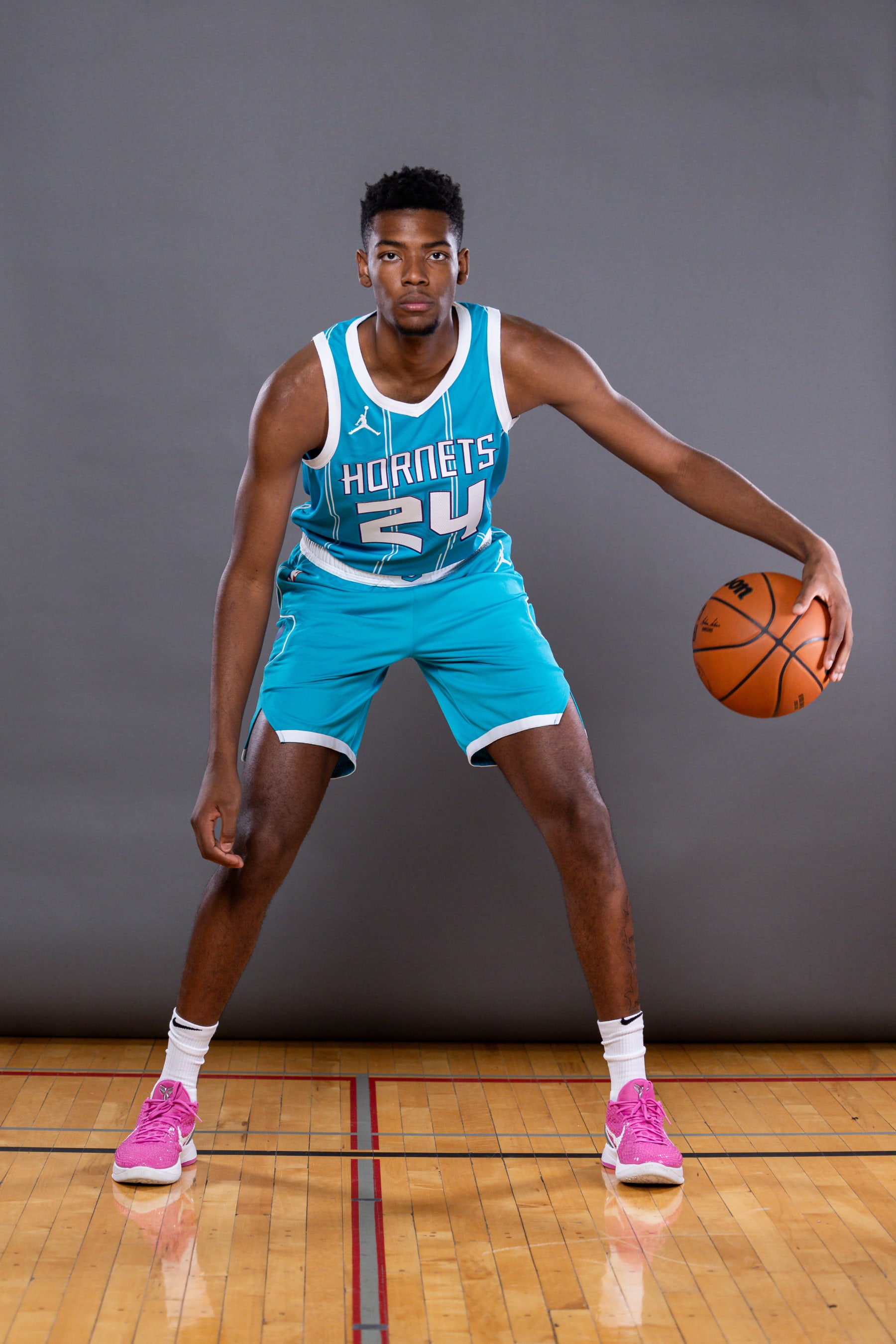 LAS VEGAS, NEVADA - JULY 14: Brandon Miller #24 of the Charlotte Hornets poses for a portrait during the 2023 NBA rookie photo shoot at UNLV on July 14, 2023 in Las Vegas, Nevada. (Photo by Jamie Squire/Getty Images)