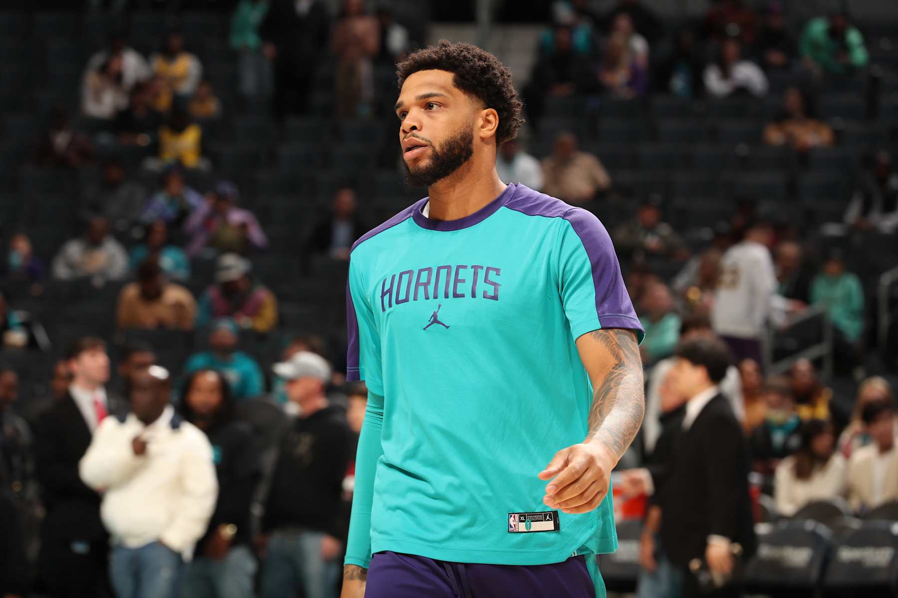 CHARLOTTE, NC - JANUARY 27:  Miles Bridges #0 of the Charlotte Hornets before the game against the Los Angeles Lakers on January 27, 2025 at Spectrum Center in Charlotte, North Carolina. NOTE TO USER: User expressly acknowledges and agrees that, by downloading and or using this photograph, User is consenting to the terms and conditions of the Getty Images License Agreement. Mandatory Copyright Notice: Copyright 2025 NBAE (Photo by Kent Smith/NBAE via Getty Images)