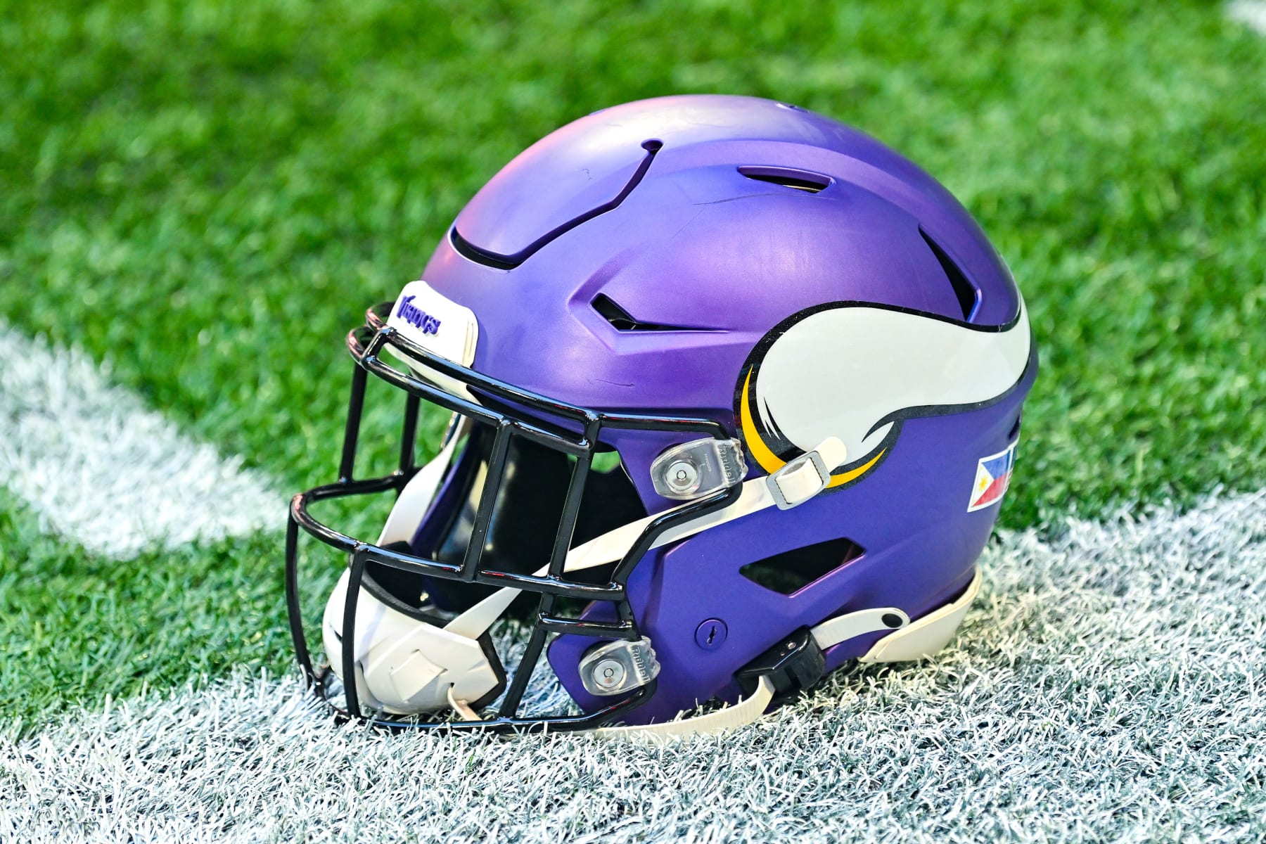 ATLANTA, GA  NOVEMBER 05:  A Minnesota Viking helmet during the NFL game between the Minnesota Vikings and the Atlanta Falcons on November 5th, 2023 at Mercedes-Benz Stadium in Atlanta, GA.  (Photo by Rich von Biberstein/Icon Sportswire via Getty Images)