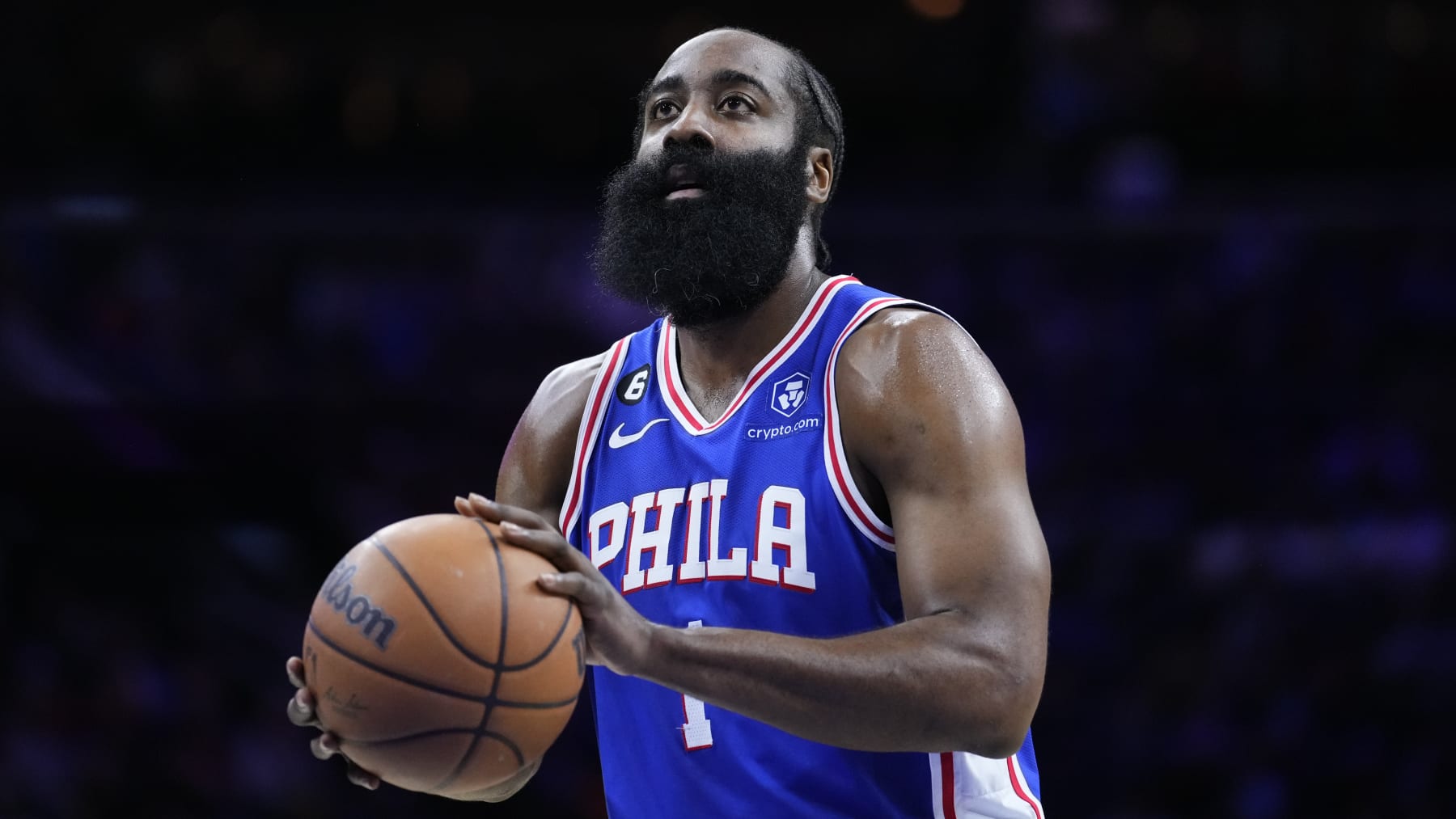 Philadelphia 76ers' James Harden plays during an NBA basketball game, Monday, Feb. 27, 2023, in Philadelphia. (AP Photo/Matt Slocum)