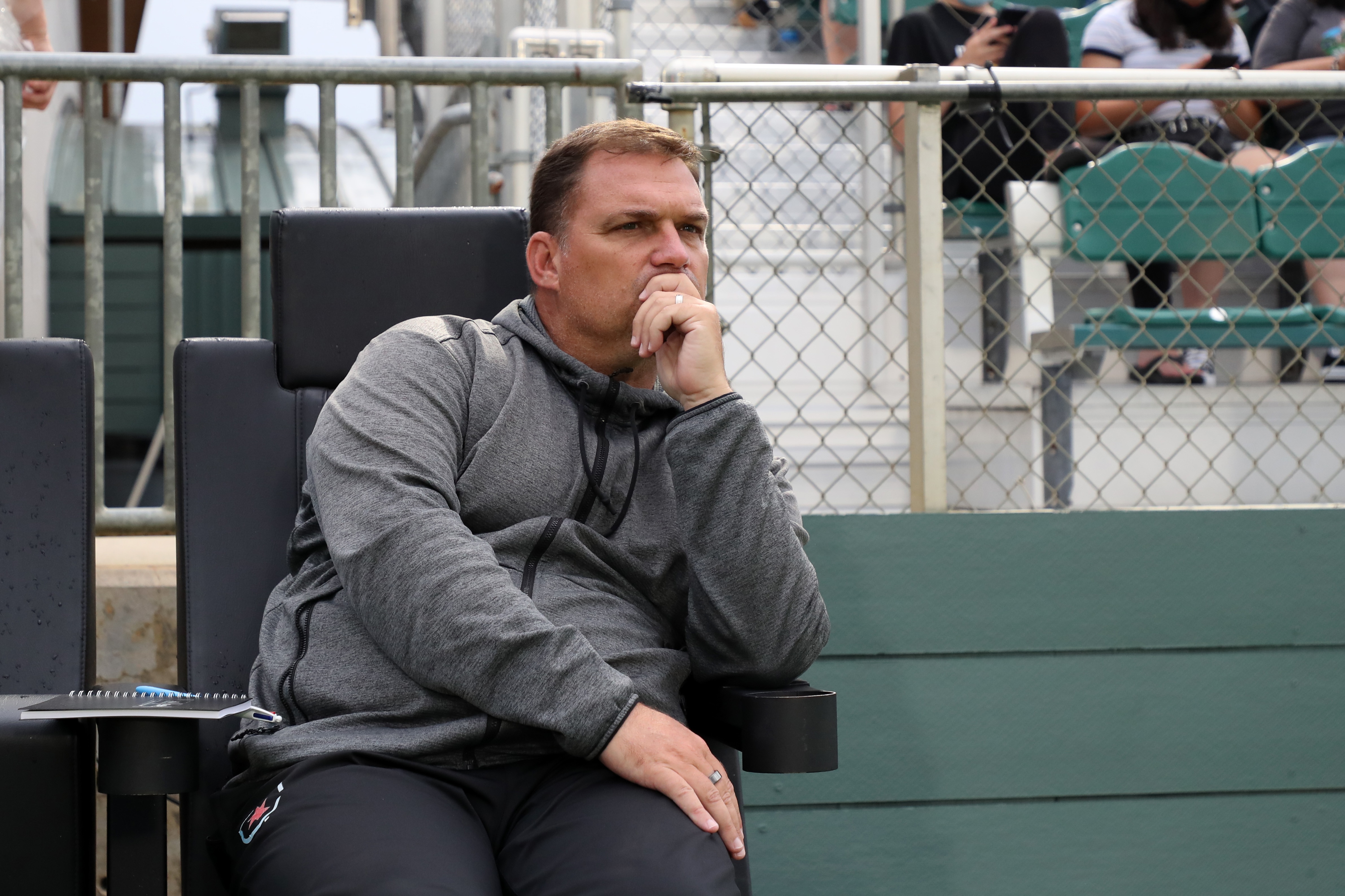 CARY, NORTH CAROLINA - AUGUST 15: Head coach Rory Dames of the Chicago Red Stars sits on the bench before a game between Chicago Red Stars and North Carolina Courage at Sahlen's Stadium at WakeMed Soccer Park on August 15, 2021 in Cary, North Carolina. (Photo by Andy Mead/ISI Photos/Getty Images)