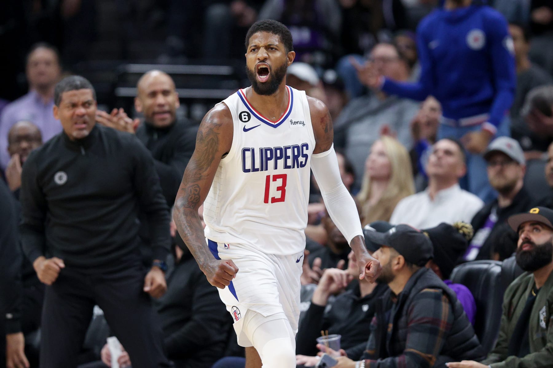 SACRAMENTO, CALIFORNIA - MARCH 03: Paul George #13 of the LA Clippers reacts during their game against the Sacramento Kings at Golden 1 Center on March 03, 2023 in Sacramento, California. NOTE TO USER: User expressly acknowledges and agrees that, by downloading and or using this photograph, User is consenting to the terms and conditions of the Getty Images License Agreement.   (Photo by Ezra Shaw/Getty Images)