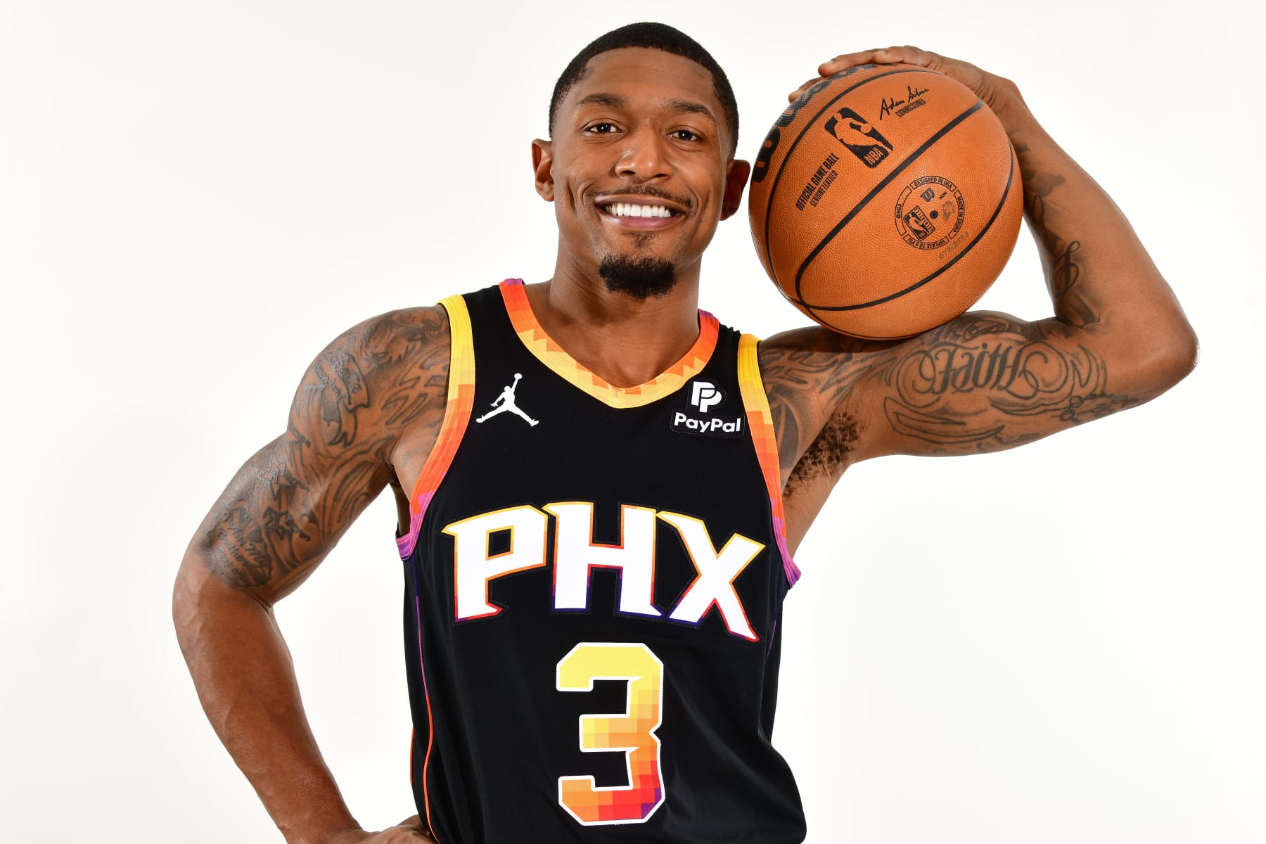 PHOENIX, AZ - JUNE 29:  Bradley Beal #3 of the Phoenix Suns poses for a portrait on June 29, 2023 at the Footprint Center in Phoenix, Arizona. NOTE TO USER: User expressly acknowledges and agrees that, by downloading and or using this Photograph, user is consenting to the terms and conditions of the Getty Images License Agreement. Mandatory Copyright Notice: Copyright 2023 NBAE (Photo by Barry Gossage / NBAE via Getty Images)