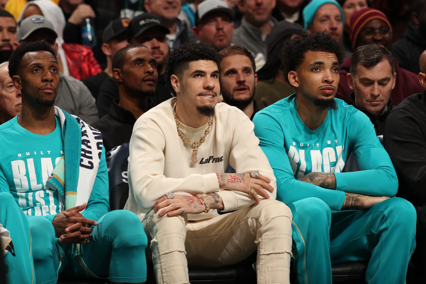 CHARLOTTE, NC - FEBRUARY 5: LaMelo Ball #1 of the Charlotte Hornets looks on during the game against the Los Angeles Lakers on February 5, 2024 at Spectrum Center in Charlotte, North Carolina. NOTE TO USER: User expressly acknowledges and agrees that, by downloading and or using this photograph, User is consenting to the terms and conditions of the Getty Images License Agreement. Mandatory Copyright Notice: Copyright 2024 NBAE (Photo by Kent Smith/NBAE via Getty Images)