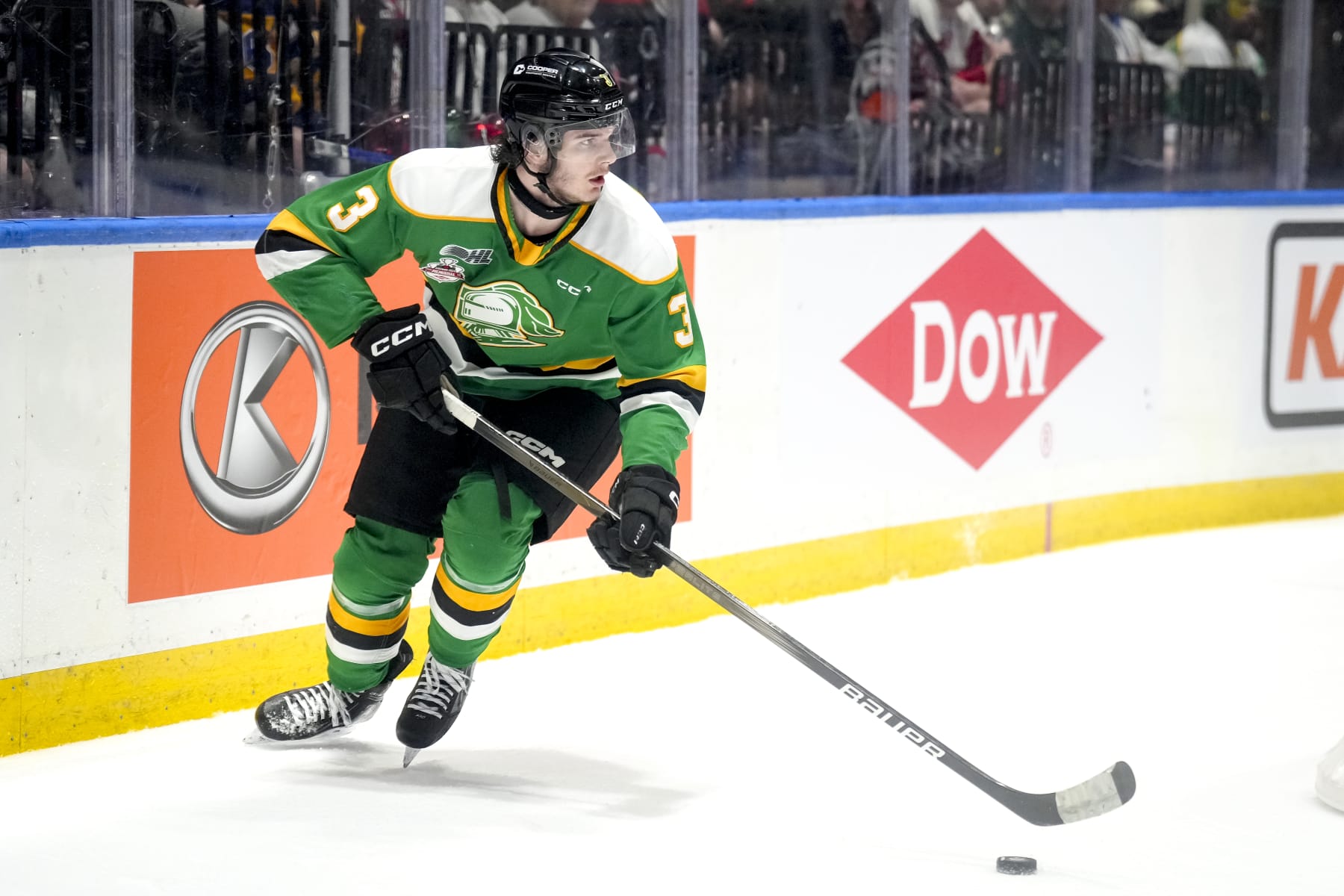 SAGINAW, MICHIGAN - JUNE 02: Sam Dickinson #3 of the London Knights handles the puck against the Saginaw Spirit during the 2024 Memorial Cup Final at Dow Event Center on June 02, 2024 in Saginaw, Michigan. (Photo by Nic Antaya/Getty Images)