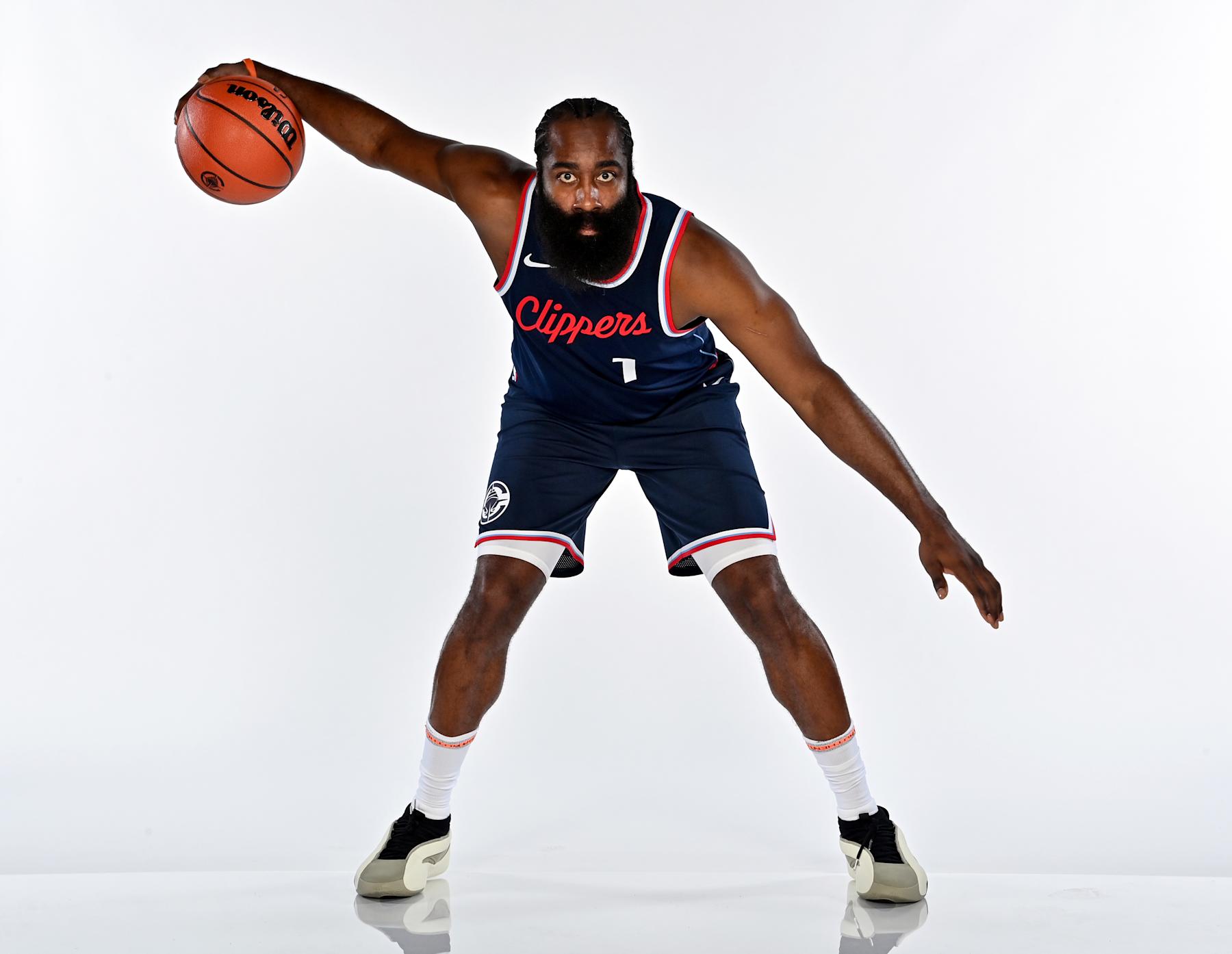 INGLEWOOD, CA - SEPTEMBER 30: James Harden #1 of the Los Angeles Clippers poses for a portrait during NAB media day on September 30, 2024 at Intuit Dome in Inglewood, California. NOTE TO USER: User expressly acknowledges and agrees that, by downloading and/or using this photograph, User is consenting to the terms and conditions of Getty Images License Agreement. Mandatory Copyright Notice: Copyright 2024 NBAE (Photo by Juan Ocampo/NBAE via Getty Images)