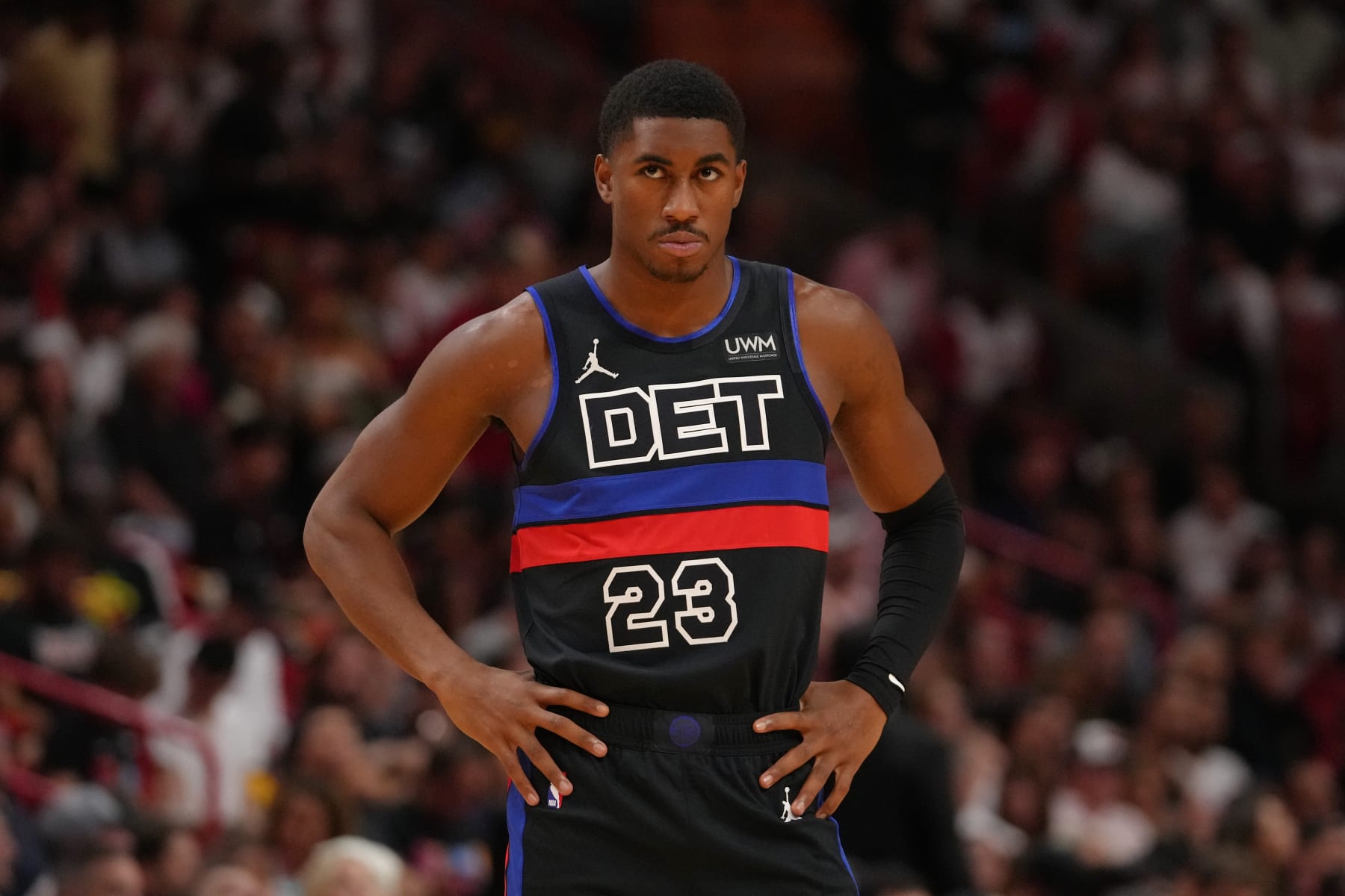 MIAMI, FL - OCTOBER 25: Jaden Ivey #23 of the Detroit Pistons looks on against the Miami Heat on October 25, 2023 at Kaseya Center in Miami, Florida. NOTE TO USER: User expressly acknowledges and agrees that, by downloading and or using this Photograph, user is consenting to the terms and conditions of the Getty Images License Agreement. Mandatory Copyright Notice: Copyright 2023 NBAE (Photo by Eric Espada/NBAE via Getty Images)