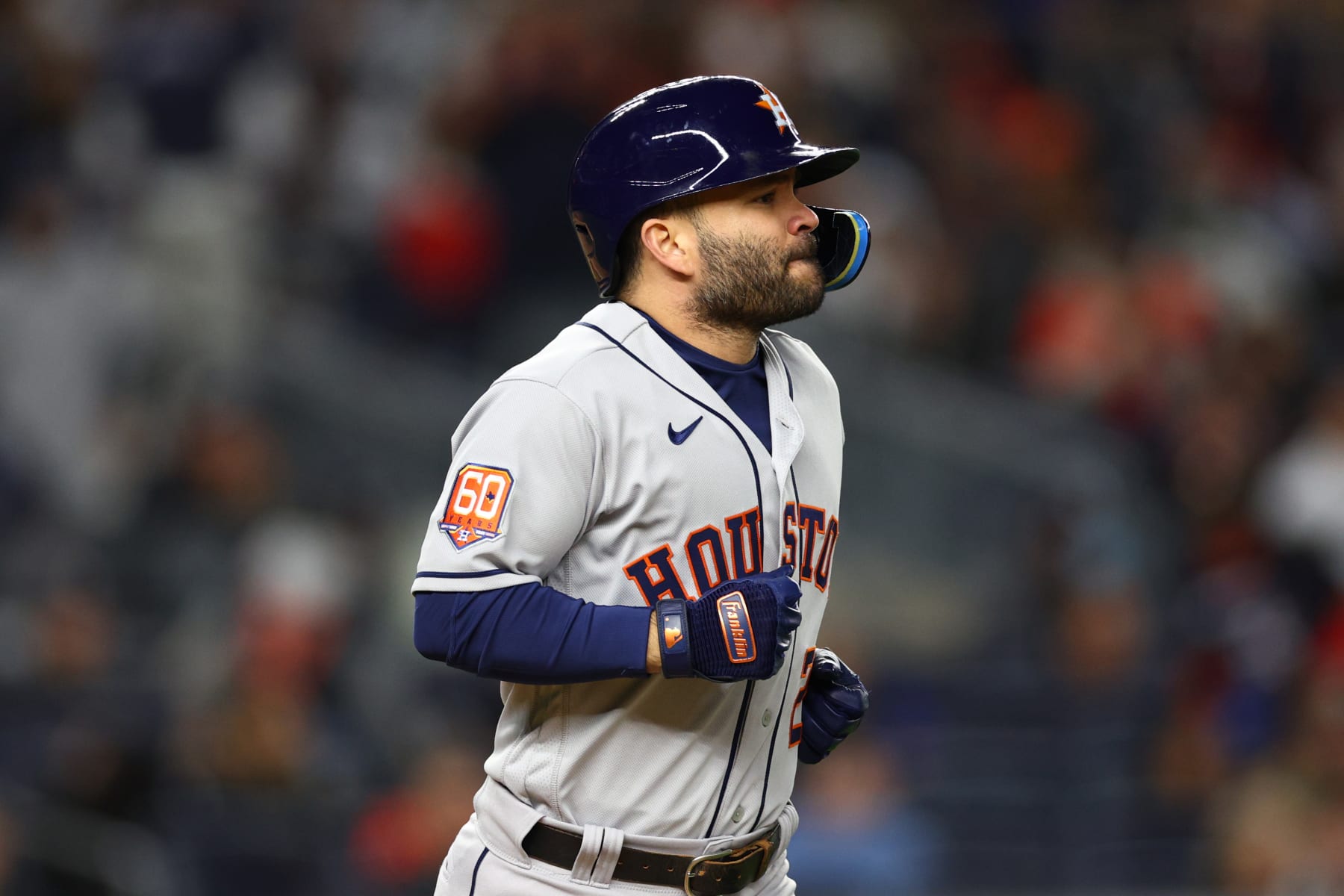 NEW YORK, NEW YORK - OCTOBER 23: Jose Altuve #27 of the Houston Astros is walked in the third inning against the New York Yankees in game four of the American League Championship Series at Yankee Stadium on October 23, 2022 in the Bronx borough of New York City. (Photo by Elsa/Getty Images)