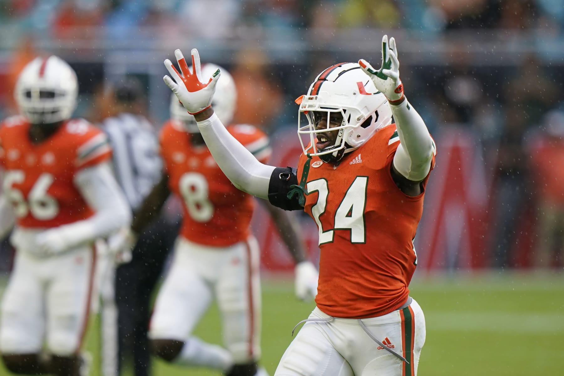 Miami safety Kamren Kinchens (24) celebrates an interception during the first half of an NCAA college football game against Middle Tennessee, Saturday, Sept. 24, 2022, in Miami Gardens, Fla. (AP Photo/Wilfredo Lee)