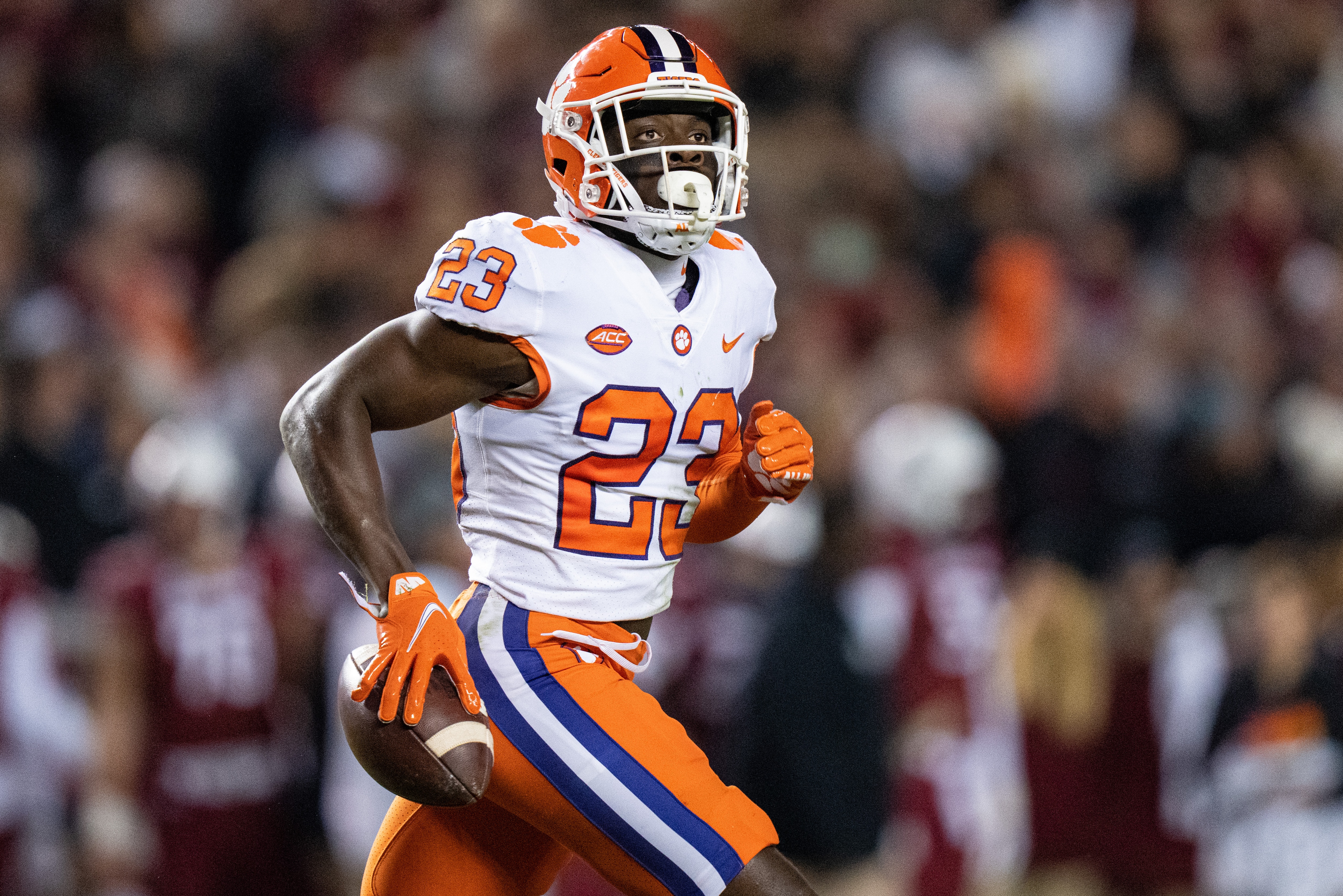 COLUMBIA, SOUTH CAROLINA - NOVEMBER 27: Cornerback Andrew Booth Jr. #23 of the Clemson Tigers reacts after making an interception against the South Carolina Gamecocks during their game at Williams-Brice Stadium on November 27, 2021 in Columbia, South Carolina. (Photo by Jacob Kupferman/Getty Images)