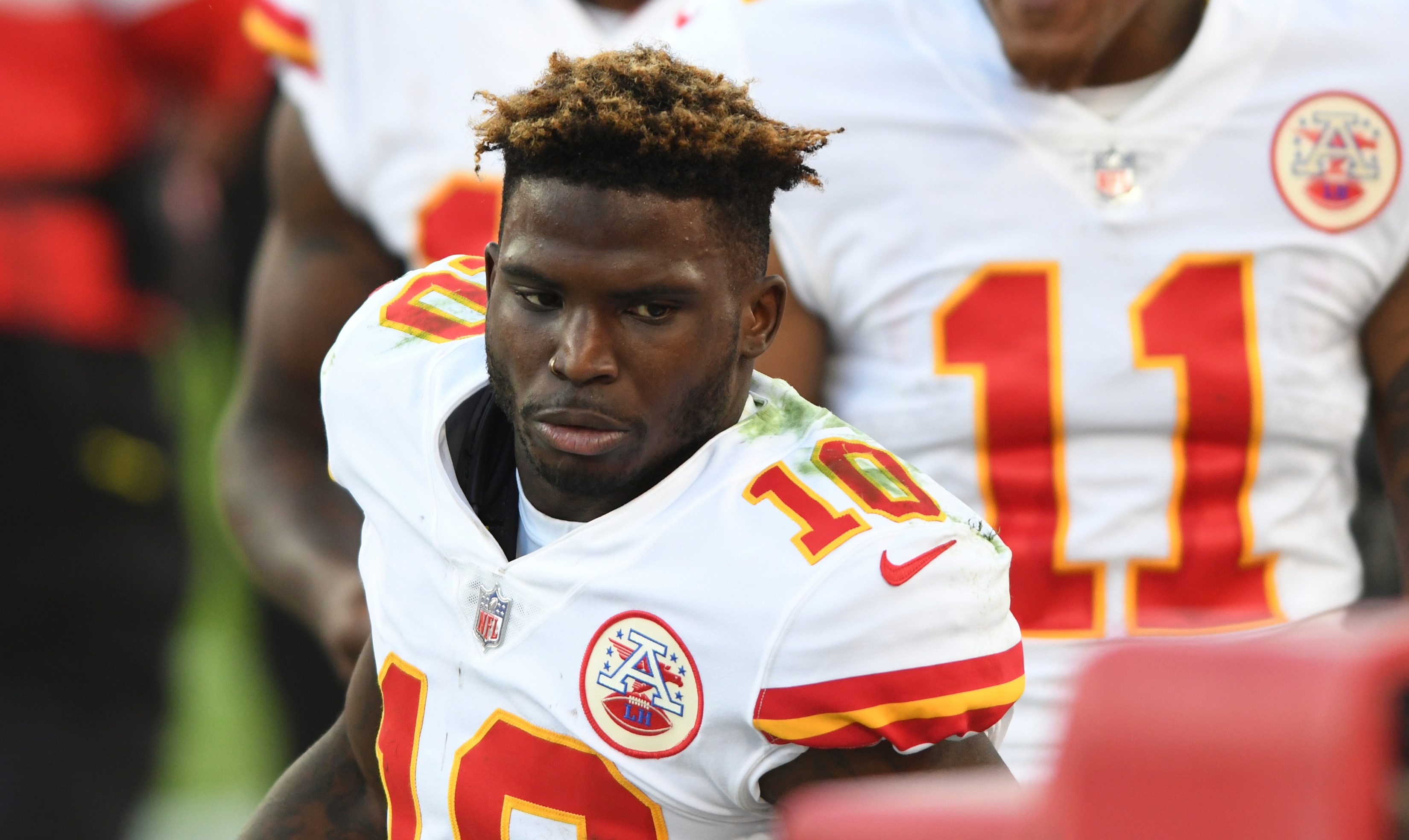 Kansas City Chiefs wide receiver Tyreek Hill (10) after a touchdown reception against the Tampa Bay Buccaneers during the first half of an NFL football game Sunday, Nov. 29, 2020, in Tampa, Fla. (AP Photo/Jason Behnken)