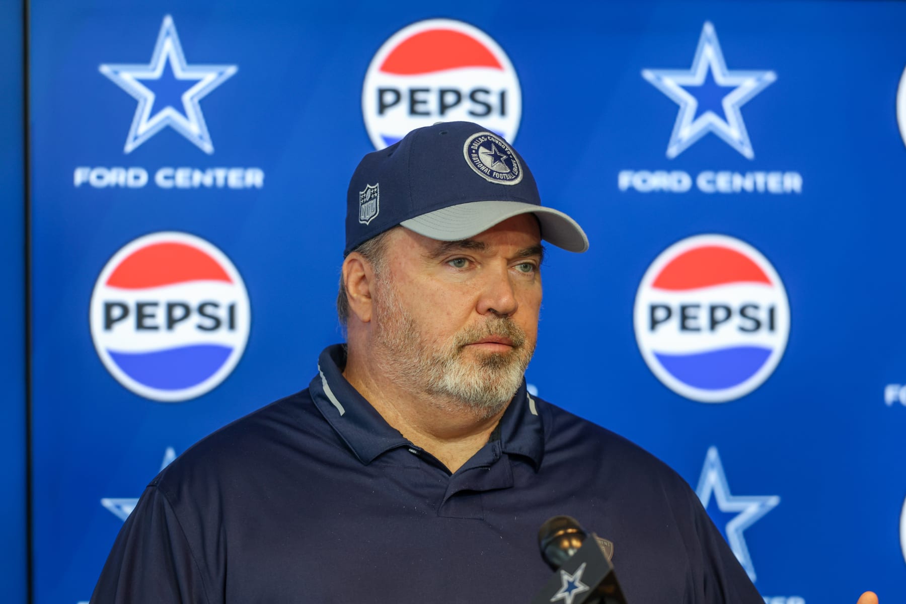 FRISCO, TX - MAY 22: Dallas Cowboys Head Coach Mike McCarthy gives a press conference during the Dallas Cowboys OTAs on May 22, 2024 at The Star in Frisco, TX. (Photo by George Walker/Icon Sportswire via Getty Images)