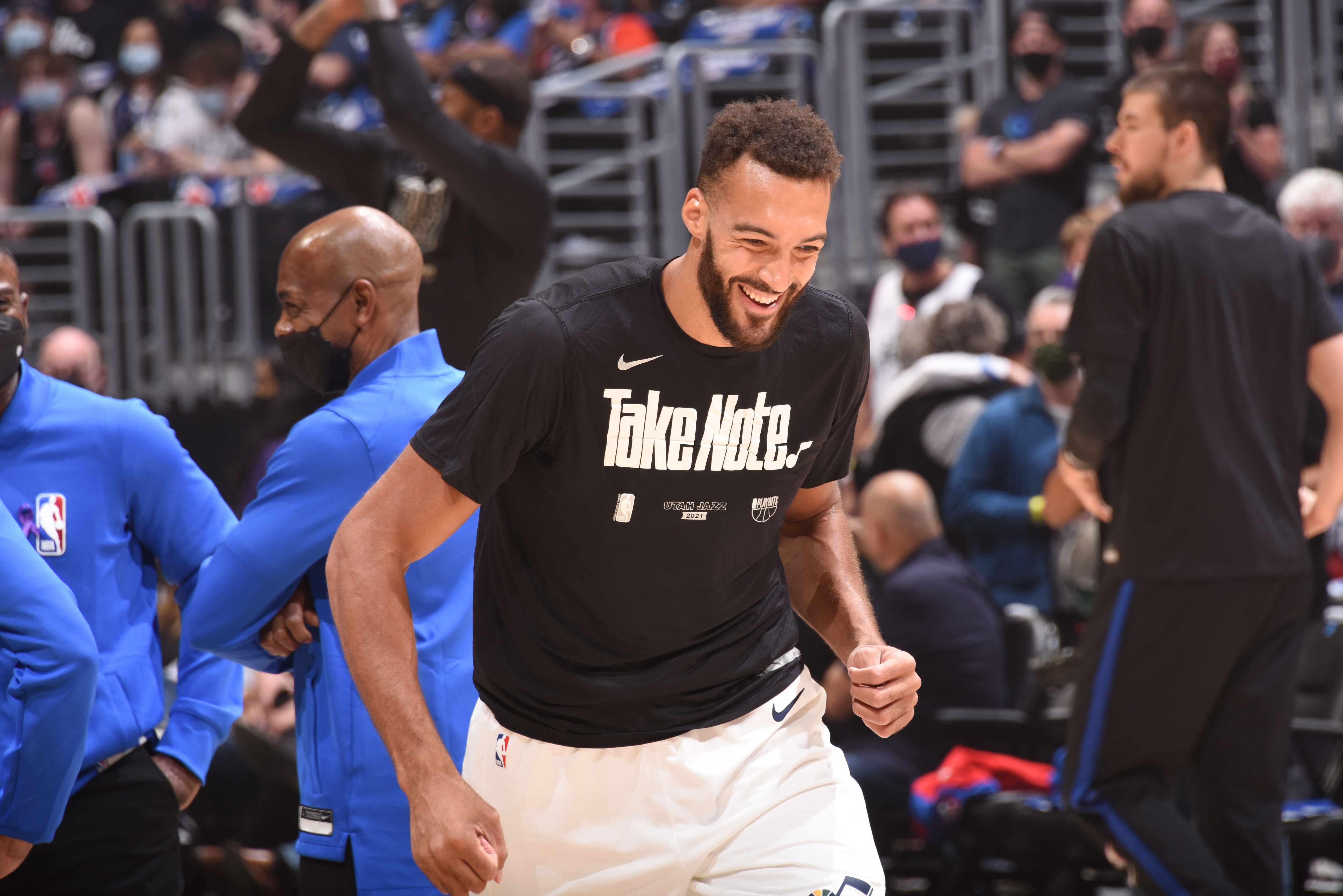 LOS ANGELES, CA - JUNE 12: Rudy Gobert #27 of the Utah Jazz smiles before the game against the LA Clippers during Round 2, Game 3 of the 2021 NBA Playoffs on June 12, 2021 at STAPLES Center in Los Angeles, California. NOTE TO USER: User expressly acknowledges and agrees that, by downloading and/or using this Photograph, user is consenting to the terms and conditions of the Getty Images License Agreement. Mandatory Copyright Notice: Copyright 2021 NBAE (Photo by Adam Pantozzi/NBAE via Getty Images)