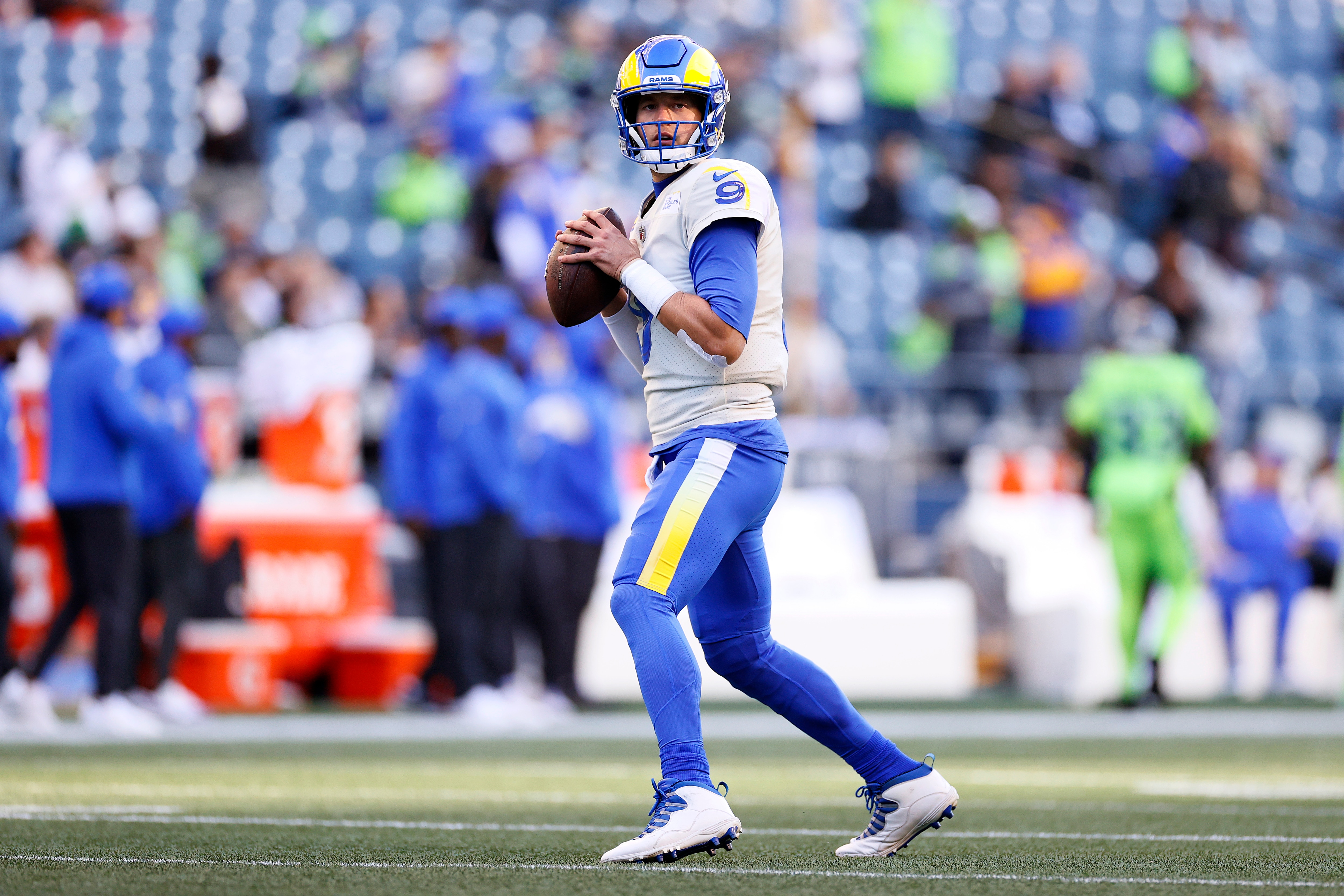SEATTLE, WASHINGTON - OCTOBER 07: Quarterback Matthew Stafford #9 of the Los Angeles Rams warms up against the Seattle Seahawks at Lumen Field on October 07, 2021 in Seattle, Washington. (Photo by Steph Chambers/Getty Images)