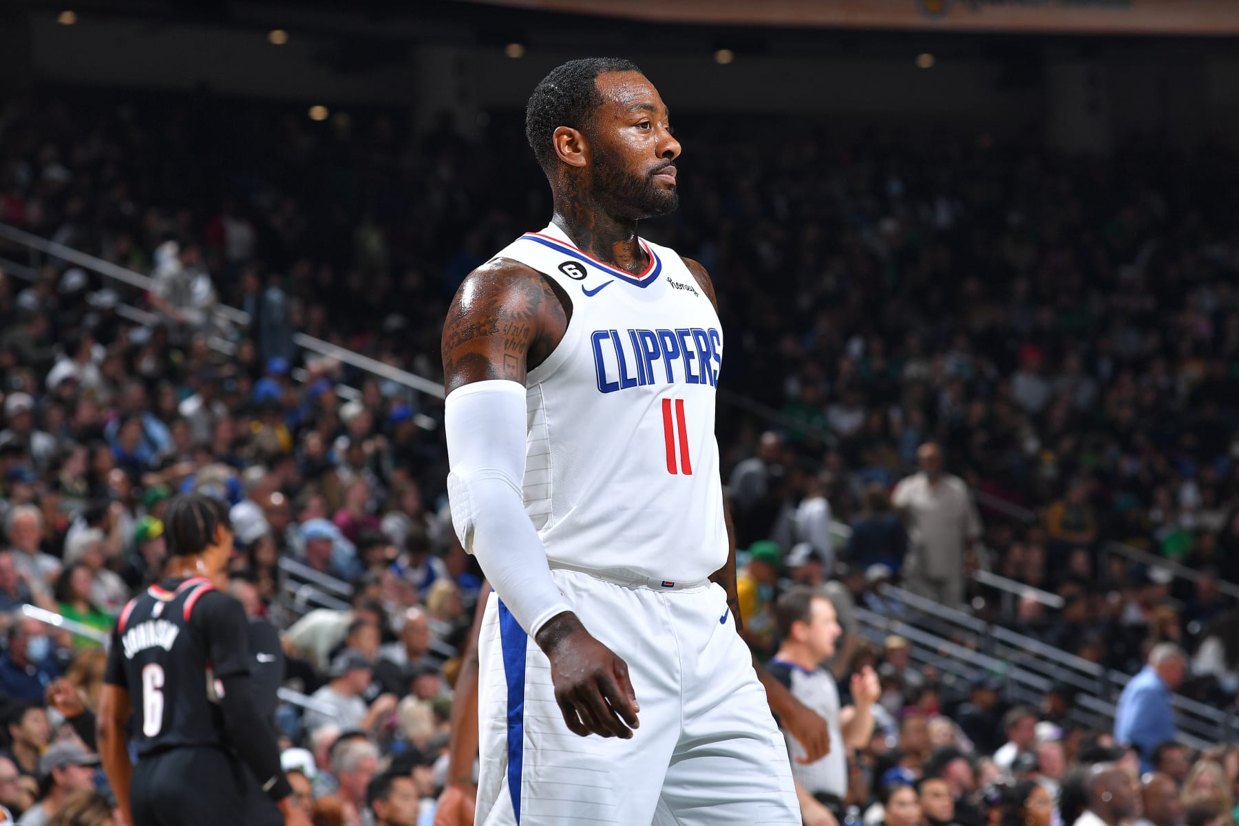 SEATTLE, WA - OCTOBER 3: John Wall #11 of the LA Clippers looks on during a preseason game on October 3, 2022 at the Climate Pledge Arena in Seattle, Washington. NOTE TO USER: User expressly acknowledges and agrees that, by downloading and or using this photograph, user is consenting to the terms and conditions of the Getty Images License Agreement. Mandatory Copyright Notice: Copyright 2022 NBAE (Photos by Michael Gonzales/NBAE via Getty Images)