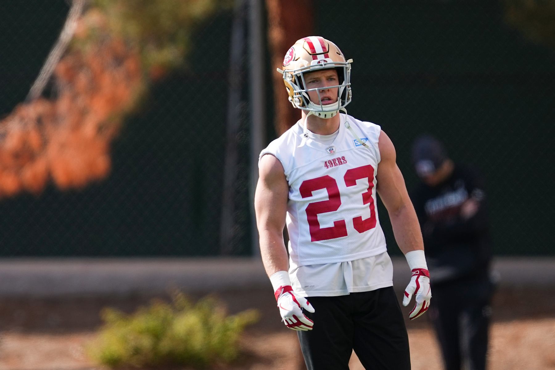 LAS VEGAS, NEVADA - FEBRUARY 07: Christian McCaffrey #23 of the San Francisco 49ers participates during San Francisco 49ers practice ahead of Super Bowl LVIII at Fertitta Football Complex on February 07, 2024 in Las Vegas, Nevada. (Photo by Chris Unger/Getty Images)