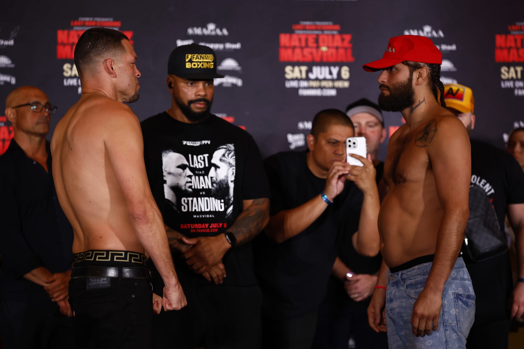 ANAHEIM, CALIFORNIA - JULY 05:  (L-R) Nate Diaz and Jorge Masvidal during weigh-in ahead of Last Man Standing Nate Diaz v Jorge Masvidal at the JW Marriott Anaheim on July 05, 2024 in Anaheim, California.  (Photo by Ronald Martinez/Getty Images)