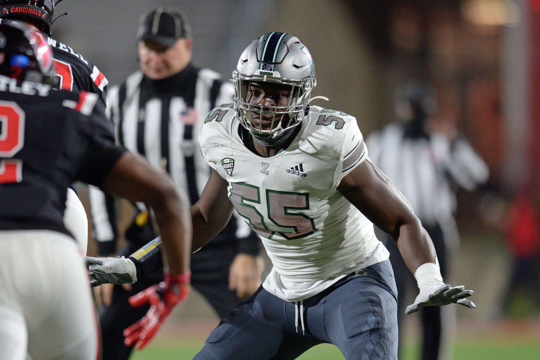 MUNCIE, IN - NOVEMBER 11: Eastern Michigan Eagles defensive lineman Jose Ramirez (55) looks across to Ball State Cardinals running back Caleb Huntley (2) during the Mid-American Conference football game between the Eastern Michigan Eagles and the Ball State Cardinals on November 11, 2020, at Scheumann Stadium in Muncie, Indiana.(Photo by Michael Allio/Icon Sportswire via Getty Images)