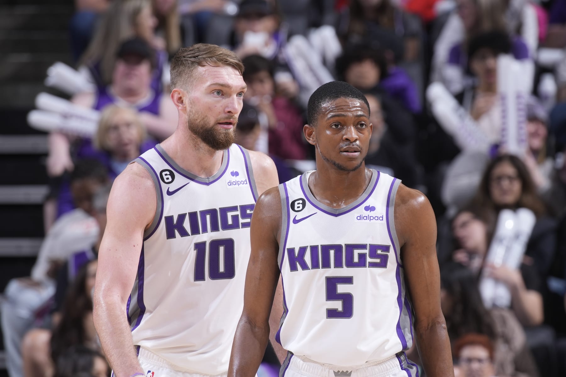 SACRAMENTO, CA - APRIL 2: Domantas Sabonis #10 and DeAaron Fox #5 of the Sacramento Kings look on during the game against the San Antonio Spurs on April 2, 2023 at Golden 1 Center in Sacramento, California. NOTE TO USER: User expressly acknowledges and agrees that, by downloading and or using this photograph, User is consenting to the terms and conditions of the Getty Images Agreement. Mandatory Copyright Notice: Copyright 2023 NBAE (Photo by Rocky Widner/NBAE via Getty Images)