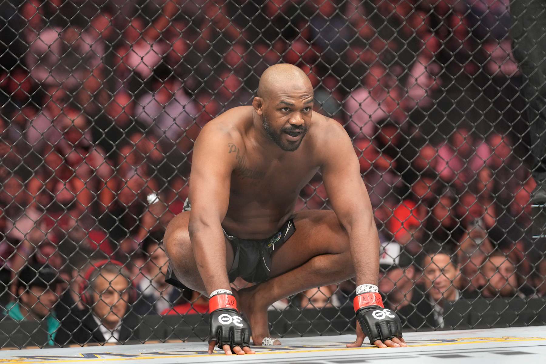 LAS VEGAS, NV - MARCH 4: Jon Jones prepares to fight Ciryl Gane in their Heavyweight fight during the UFC 285 event at T-Mobile Arena on March 4, 2023 in Las Vegas, NV, USA. (Photo by Louis Grasse/PxImages/Icon Sportswire via Getty Images)