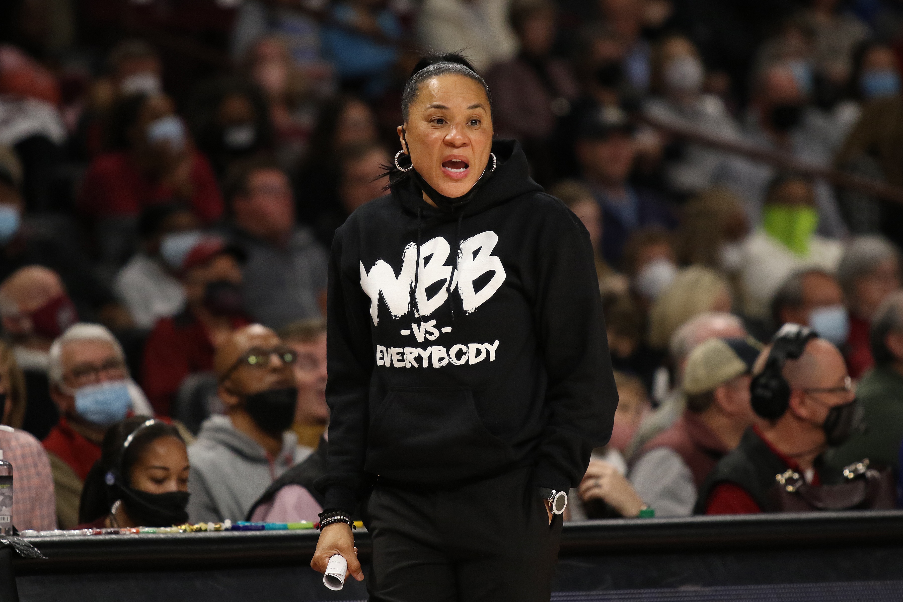 COLUMBIA, SC - JANUARY 09: South Carolina head coach Dawn Staley during a women's college basketball game between the Kentucky Wildcats and the South Carolina Gamecocks on January 9, 2022 at Colonial Life Arena in Columbia, S.C. (Photo by John Byrum/Icon Sportswire via Getty Images)