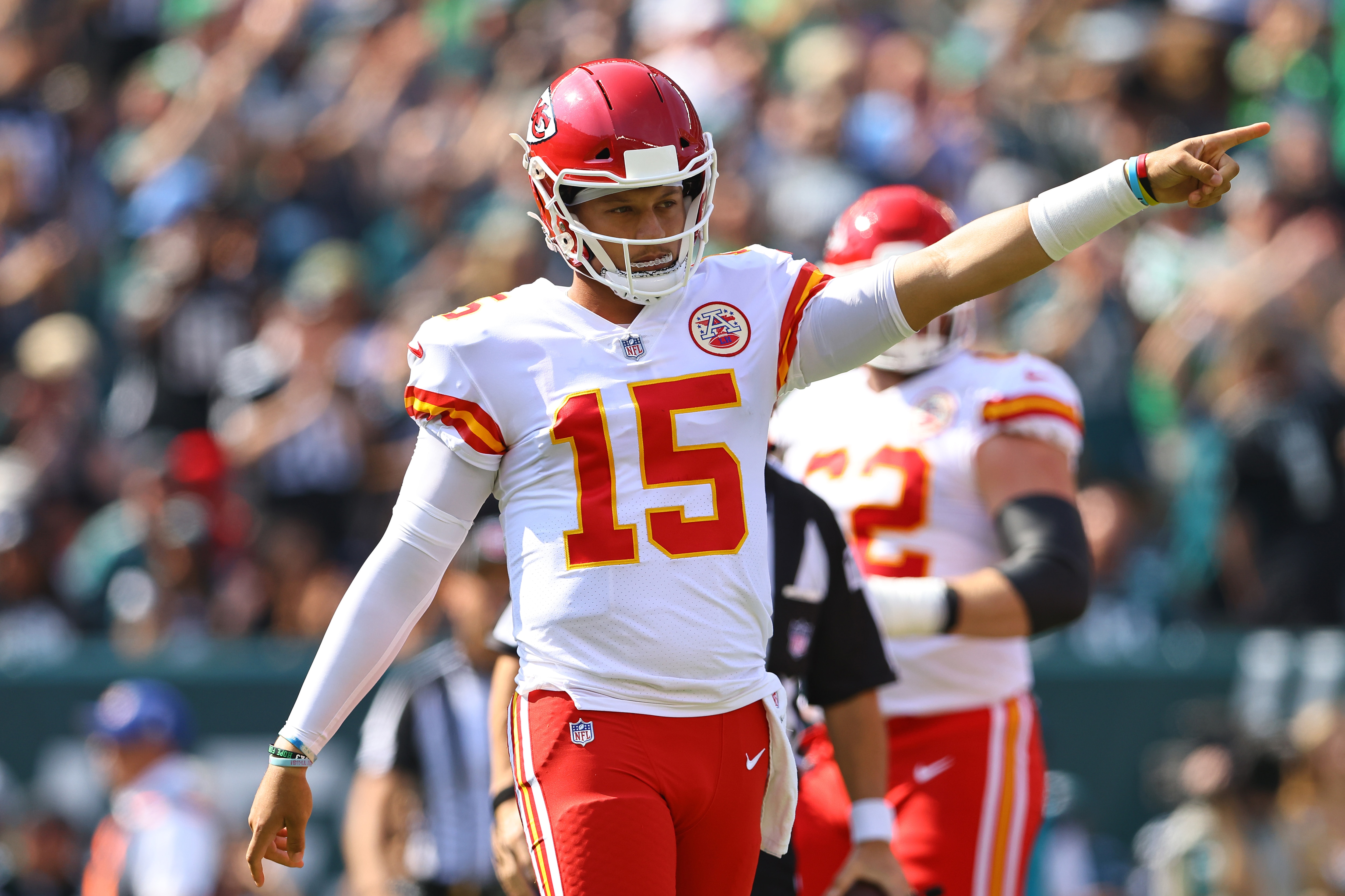 PHILADELPHIA, PENNSYLVANIA - OCTOBER 03: Patrick Mahomes #15 of the Kansas City Chiefs reacts after a penalty against the Philadelphia Eagles during the first quarter at Lincoln Financial Field on October 03, 2021 in Philadelphia, Pennsylvania. (Photo by Mitchell Leff/Getty Images)
