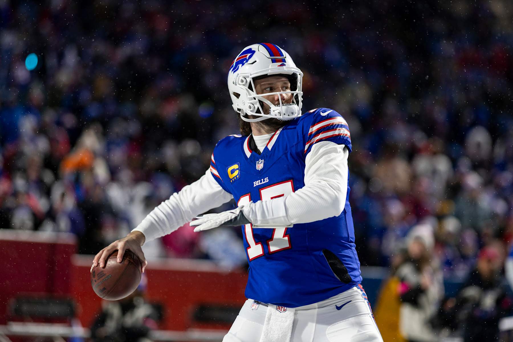 ORCHARD PARK, NEW YORK - JANUARY 19: Josh Allen #17 of the Buffalo Bills looks to pass prior to an NFL Football game against the Baltimore Ravens at Highmark Stadium on January 19, 2025 in Orchard Park, New York. (Photo by Michael Owens/Getty Images)