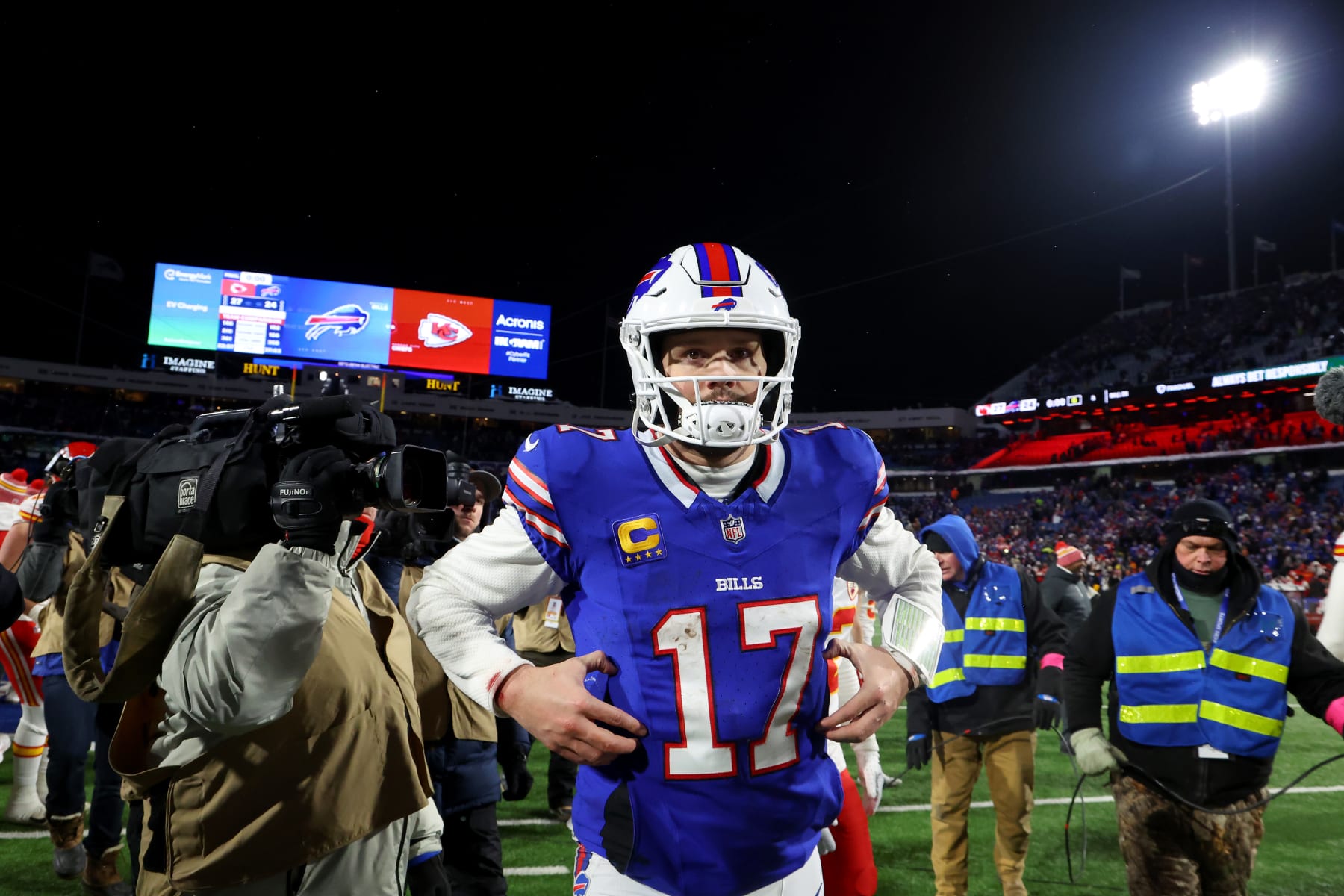 ORCHARD PARK, NEW YORK - JANUARY 21: Josh Allen #17 of the Buffalo Bills runs off the field after being defeated by the Kansas City Chiefs in the AFC Divisional Playoff game at Highmark Stadium on January 21, 2024 in Orchard Park, New York. (Photo by Timothy T Ludwig/Getty Images)