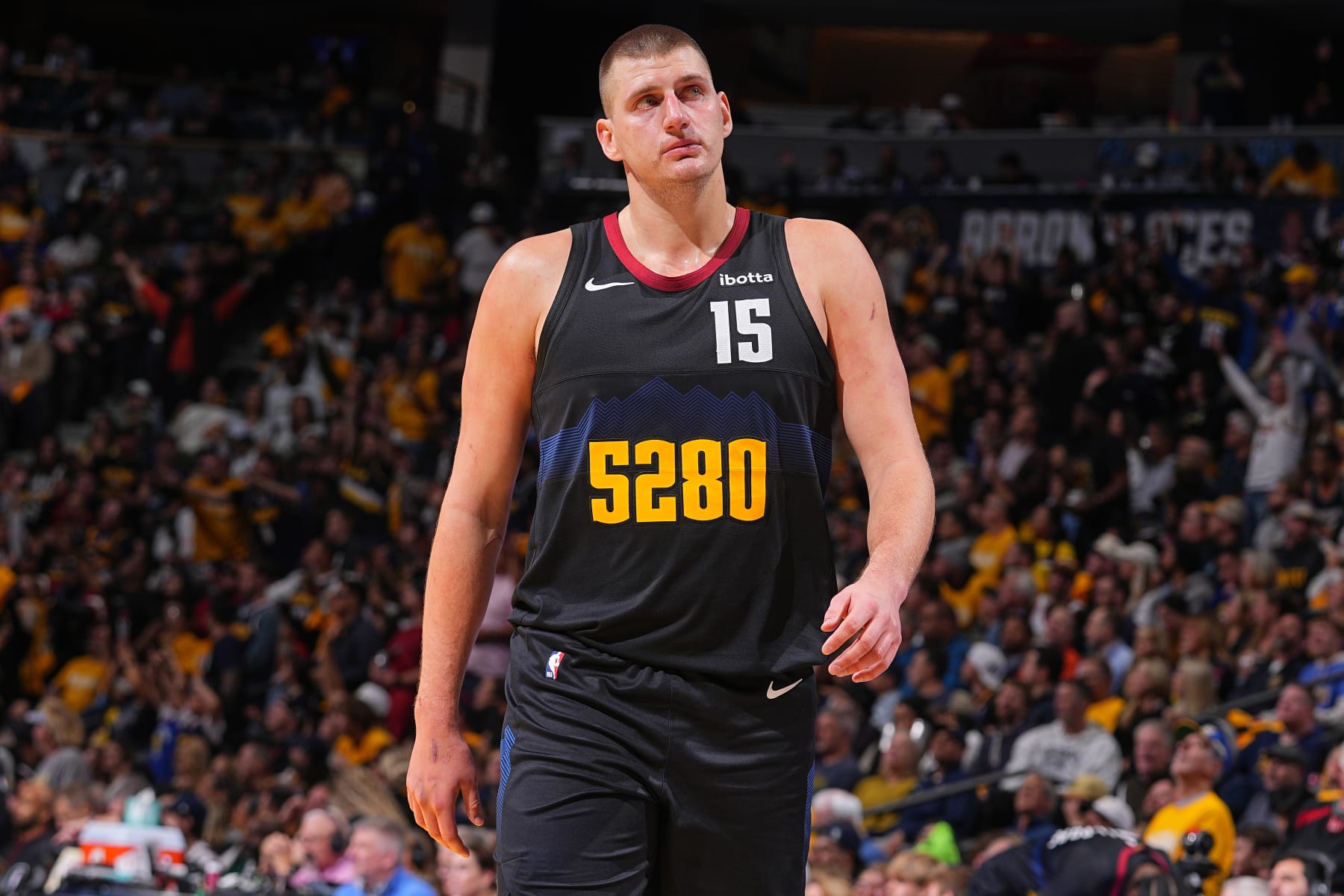 DENVER, CO - NOVEMBER 14: Nikola Jokic #15 of the Denver Nuggets looks on during the In-Season Tournament game against the LA Clippers on November 14, 2023 at the Ball Arena in Denver, Colorado. NOTE TO USER: User expressly acknowledges and agrees that, by downloading and/or using this Photograph, user is consenting to the terms and conditions of the Getty Images License Agreement. Mandatory Copyright Notice: Copyright 2023 NBAE (Photo by Bart Young/NBAE via Getty Images)