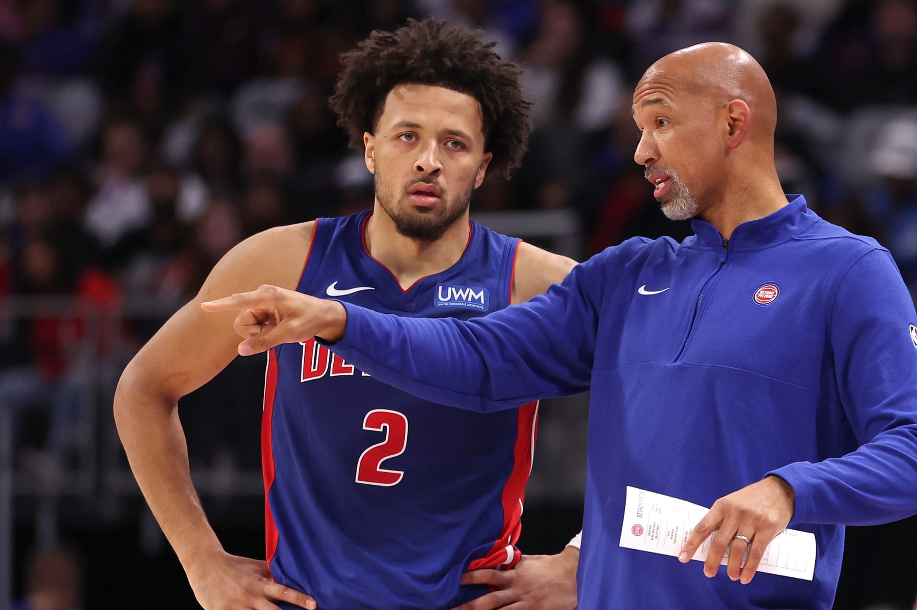 DETROIT, MICHIGAN - OCTOBER 28: Head coach Monty Williams of the Detroit Pistons talks to Cade Cunningham #2 in the first half while playing the Chicago Bulls at Little Caesars Arena on October 28, 2023 in Detroit, Michigan.  NOTE TO USER: User expressly acknowledges and agrees that, by downloading and or using this photograph, User is consenting to the terms and conditions of the Getty Images License Agreement. (Photo by Gregory Shamus/Getty Images)