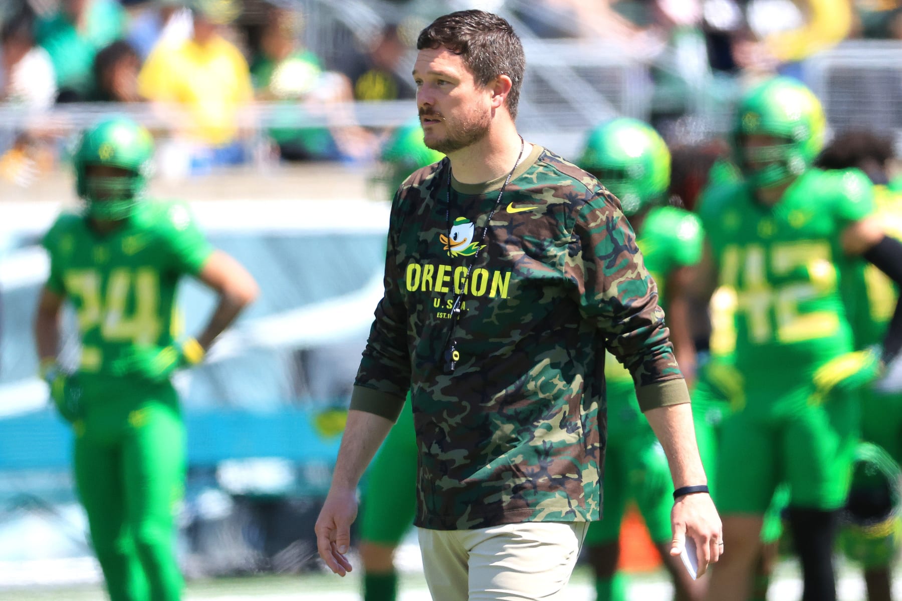 EUGENE, OREGON - APRIL 23: Head Coach Dan Lanning of the Oregon Ducks looks on before the Oregon Spring Game at Autzen Stadium on April 23, 2022 in Eugene, Oregon. (Photo by Abbie Parr/Getty Images)