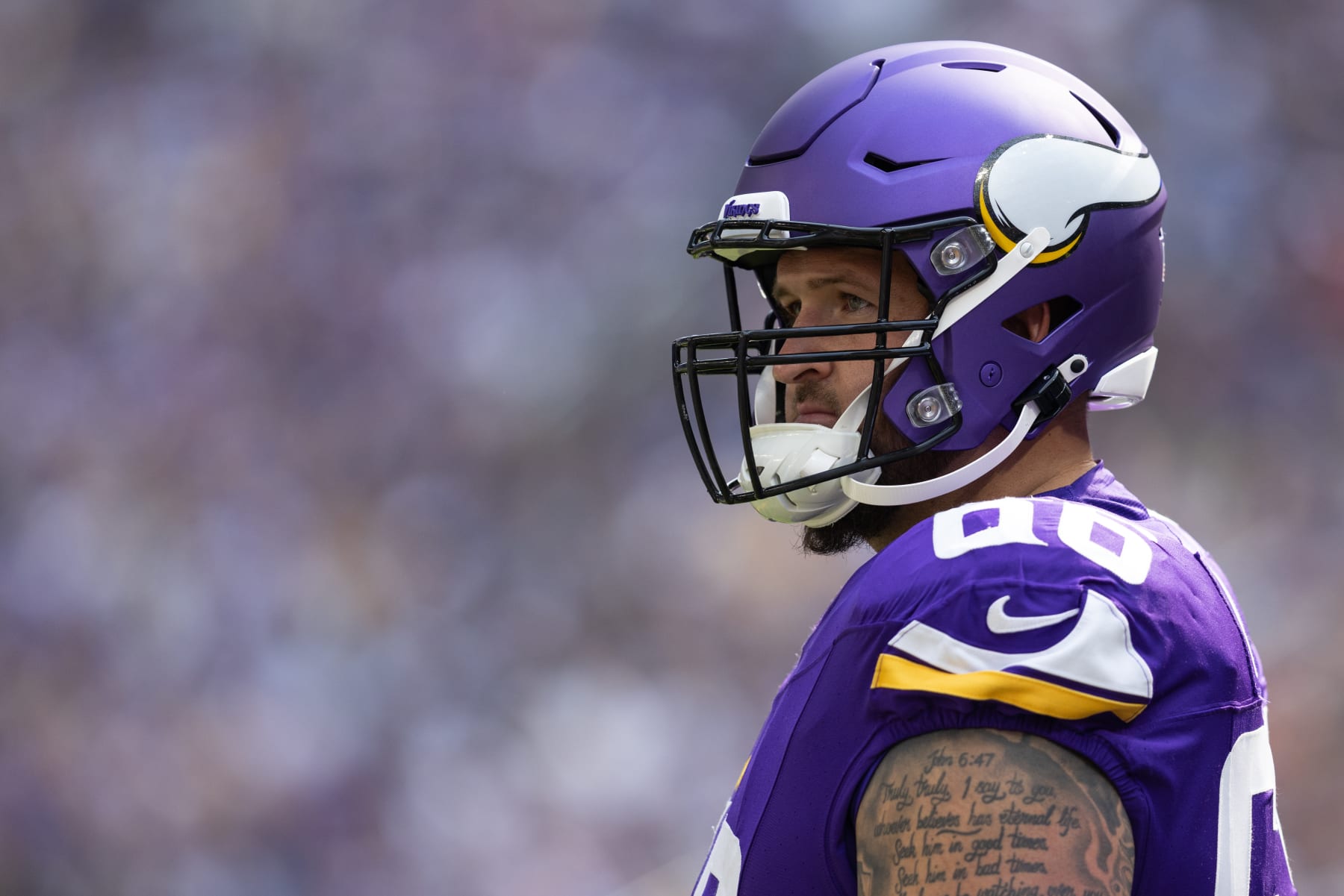 MINNEAPOLIS, MN - SEPTEMBER 24: Minnesota Vikings guard Dalton Risner (66) looks on during the NFL game between the Los Angles Chargers and the Minnesota Vikings on September 24th, 2023, at U.S. Bank Stadium in Minneapolis, MN. (Photo by Bailey Hillesheim/Icon Sportswire via Getty Images)
