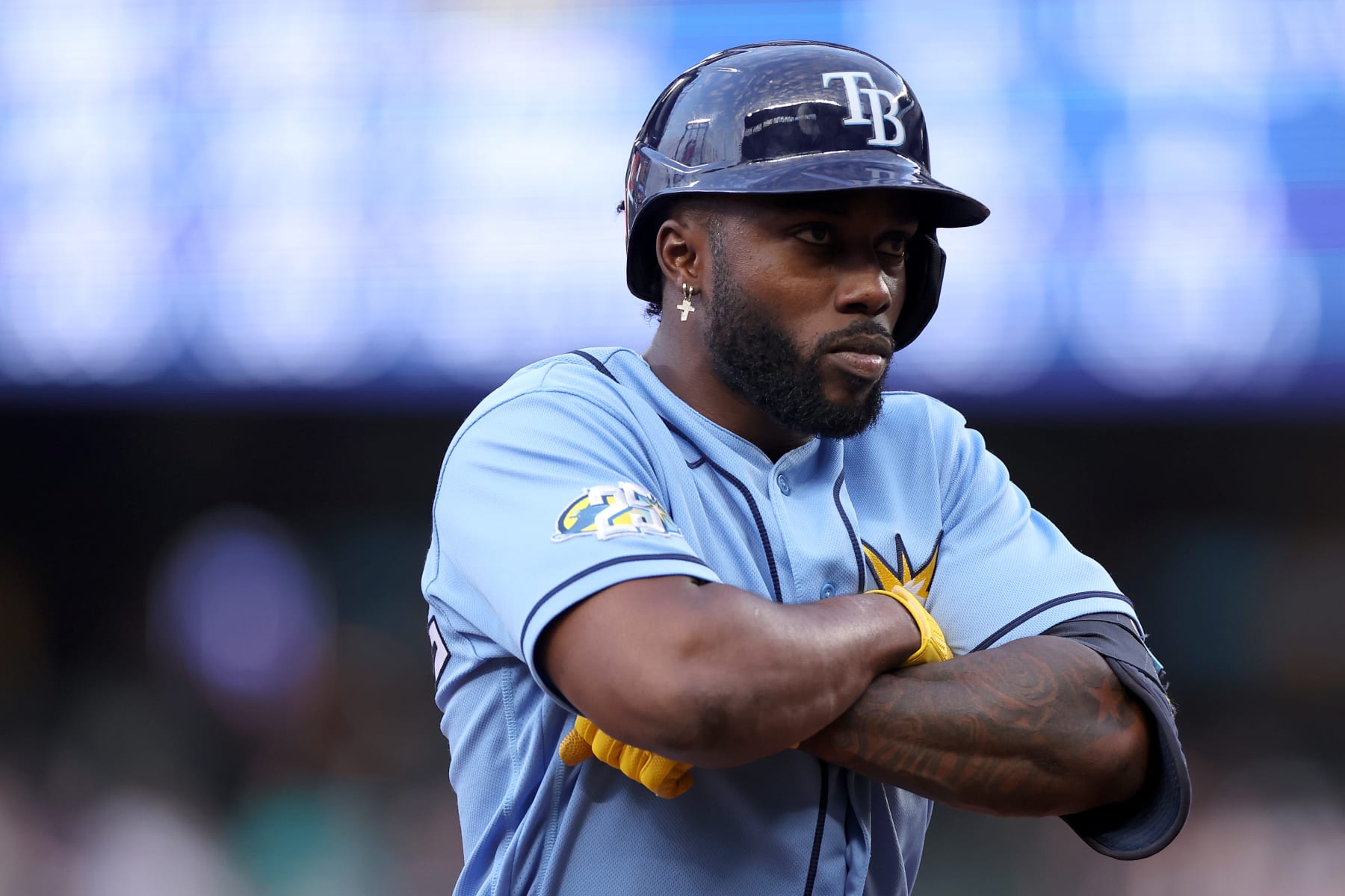 SEATTLE, WASHINGTON - JUNE 30: Randy Arozarena #56 of the Tampa Bay Rays celebrates his two run home run against the Seattle Mariners during the fourth inning at T-Mobile Park on June 30, 2023 in Seattle, Washington. (Photo by Steph Chambers/Getty Images)