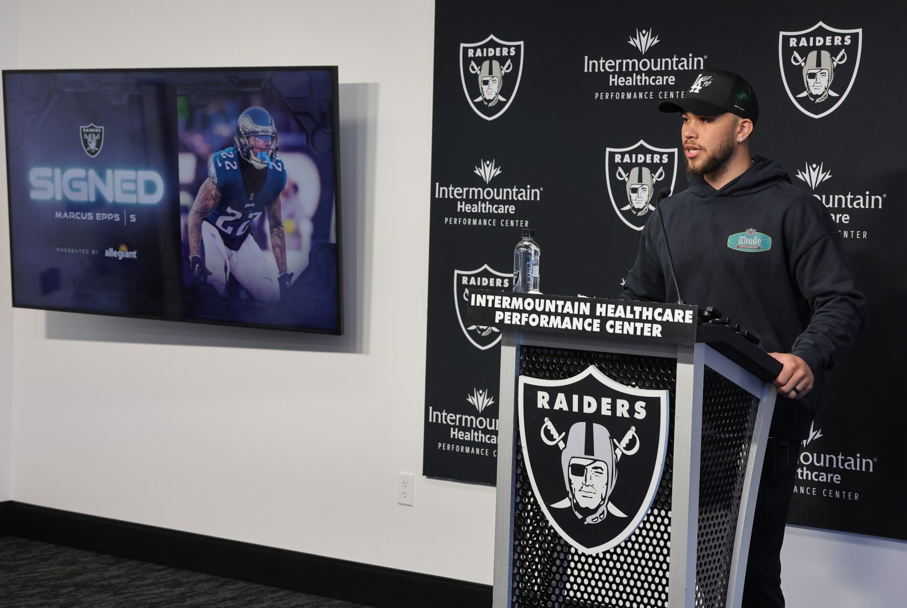 HENDERSON, NEVADA - MARCH 16: Safety Marcus Epps is introduced at the Las Vegas Raiders Headquarters/Intermountain Healthcare Performance Center on March 16, 2023 in Henderson, Nevada. (Photo by Ethan Miller/Getty Images)