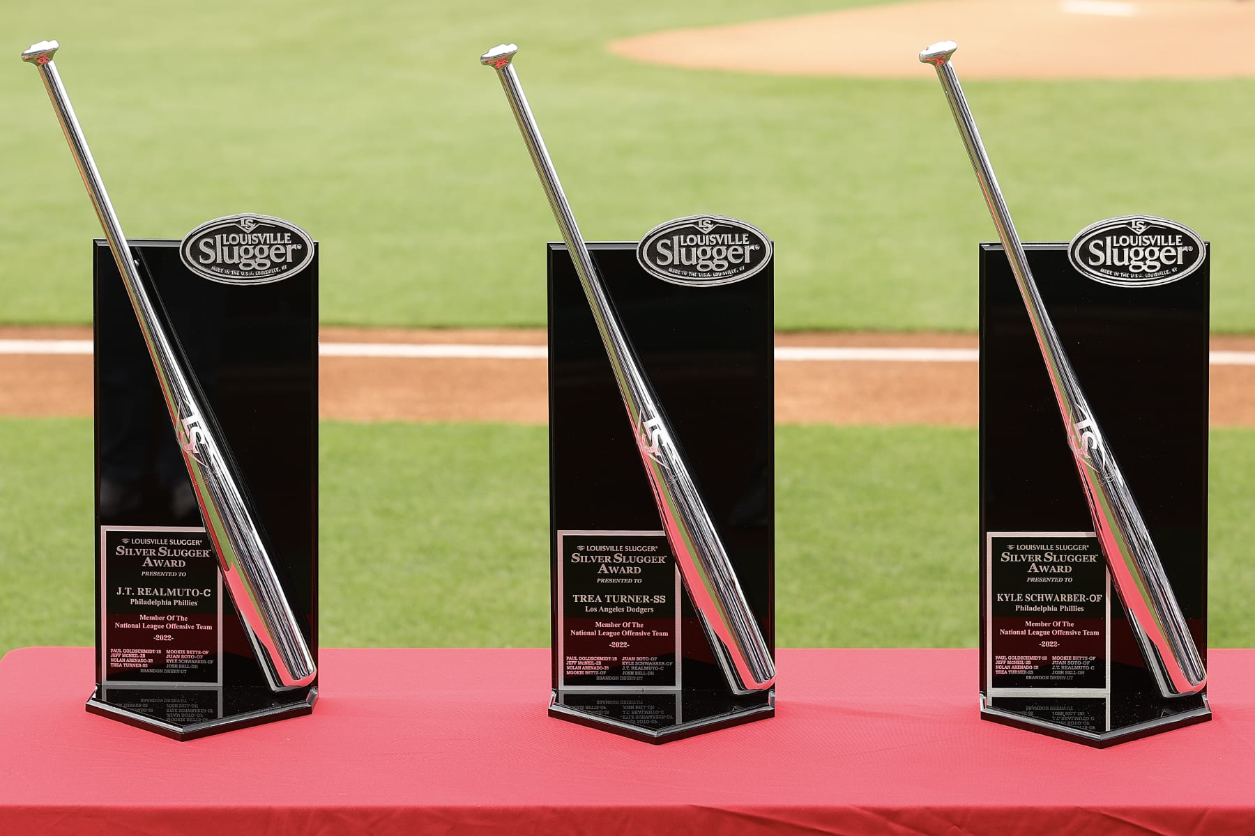 PHILADELPHIA, PENNSYLVANIA - APRIL 08: Silver Slugger awards for J.T. Realmuto #10, Trea Turner #7 and Kyle Schwarber #12 of the Philadelphia Phillies are seen at Citizens Bank Park on April 08, 2023 in Philadelphia, Pennsylvania. (Photo by Tim Nwachukwu/Getty Images)