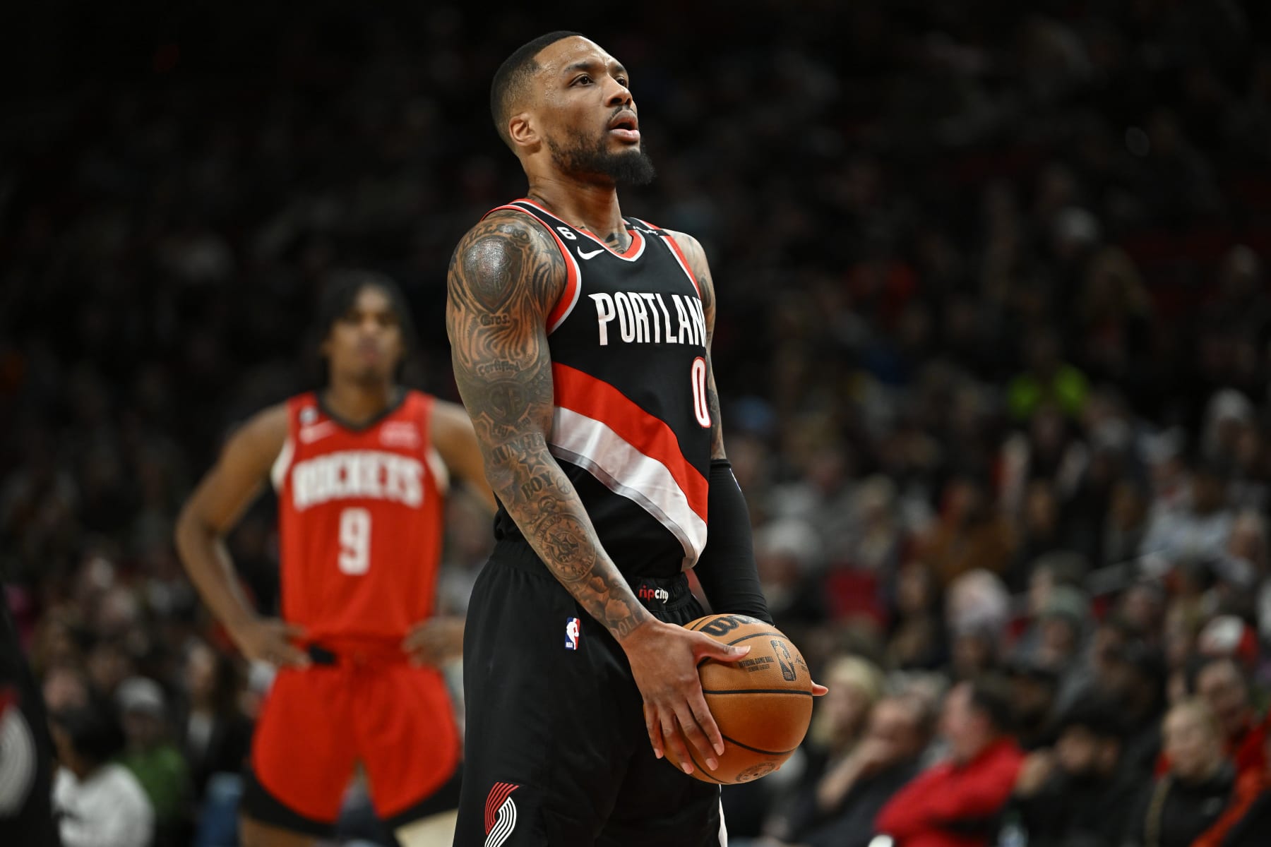 PORTLAND, OREGON - FEBRUARY 26: Damian Lillard #0 of the Portland Trail Blazers takes a breath before a free throw during the first quarter against the Houston Rockets at the Moda Center on February 26, 2023 in Portland, Oregon. NOTE TO USER: User expressly acknowledges and agrees that, by downloading and or using this photograph, User is consenting to the terms and conditions of the Getty Images License Agreement. (Photo by Alika Jenner/Getty Images)