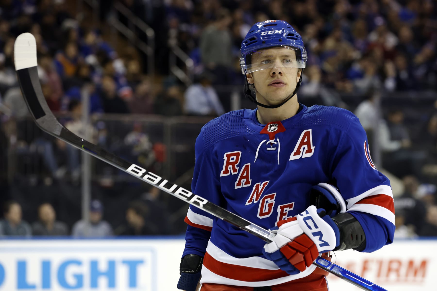 NEW YORK, NEW YORK - FEBRUARY 28: Artemi Panarin #10 of the New York Rangers looks on during the game against the Columbus Blue Jackets at Madison Square Garden on February 28, 2024 in New York City. The Rangers won 4-1. (Photo by Sarah Stier/Getty Images)