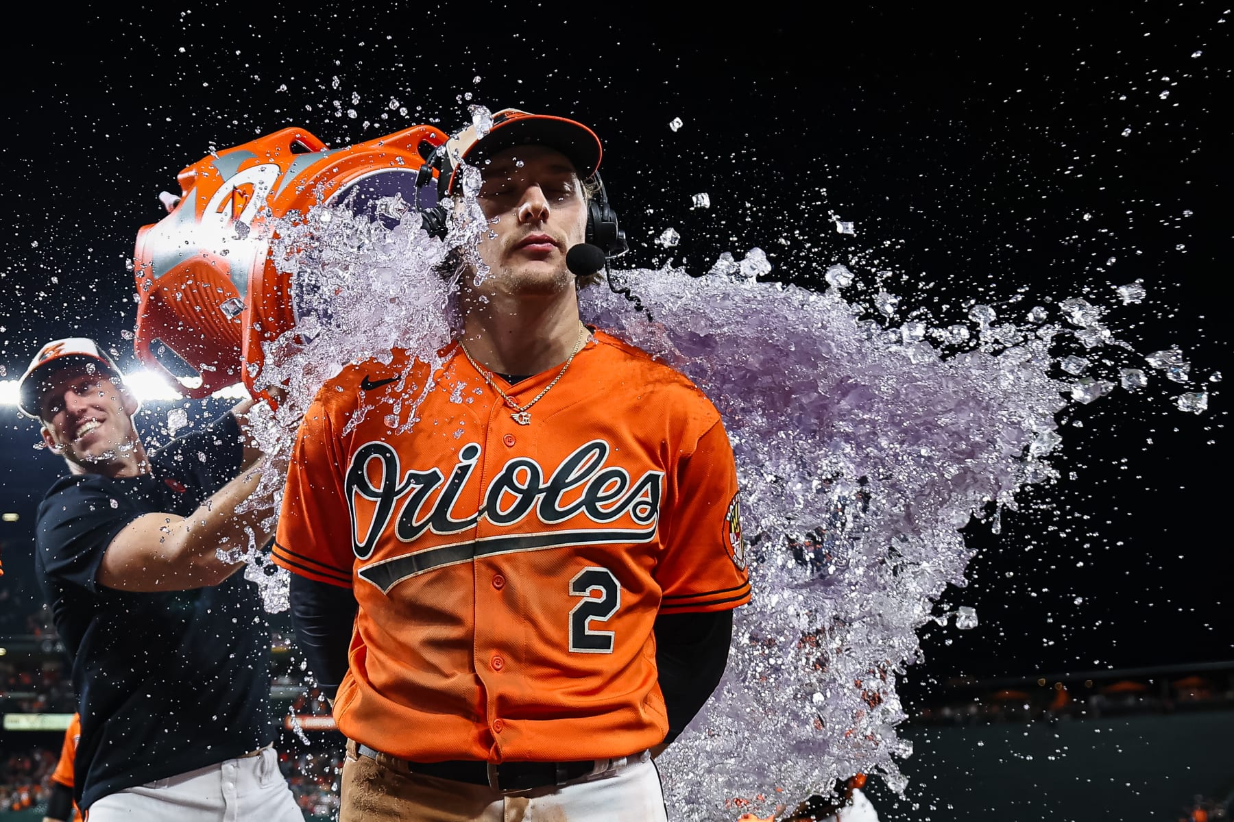 BALTIMORE, MD - SEPTEMBER 16: Gunnar Henderson #2 of the Baltimore Orioles is doused with Gatorade by John Means #47 after the game against the Tampa Bay Rays at Oriole Park at Camden Yards on September 16, 2023 in Baltimore, Maryland. (Photo by Scott Taetsch/Getty Images)