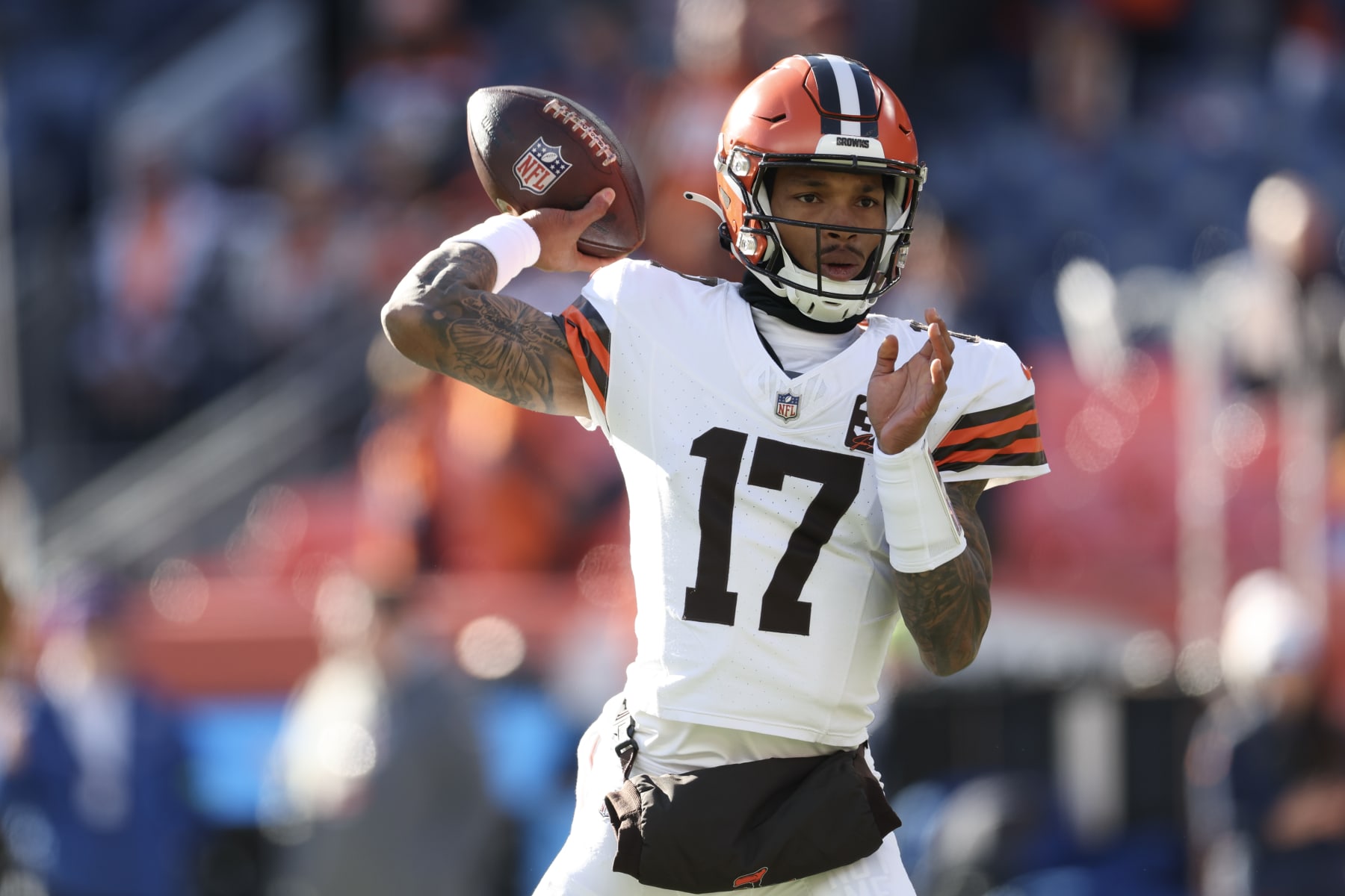 DENVER, COLORADO - NOVEMBER 26: Dorian Thompson-Robinson #17 of the Cleveland Browns warms up before the game against the Denver Broncos at Empower Field At Mile High on November 26, 2023 in Denver, Colorado. (Photo by Matthew Stockman/Getty Images)